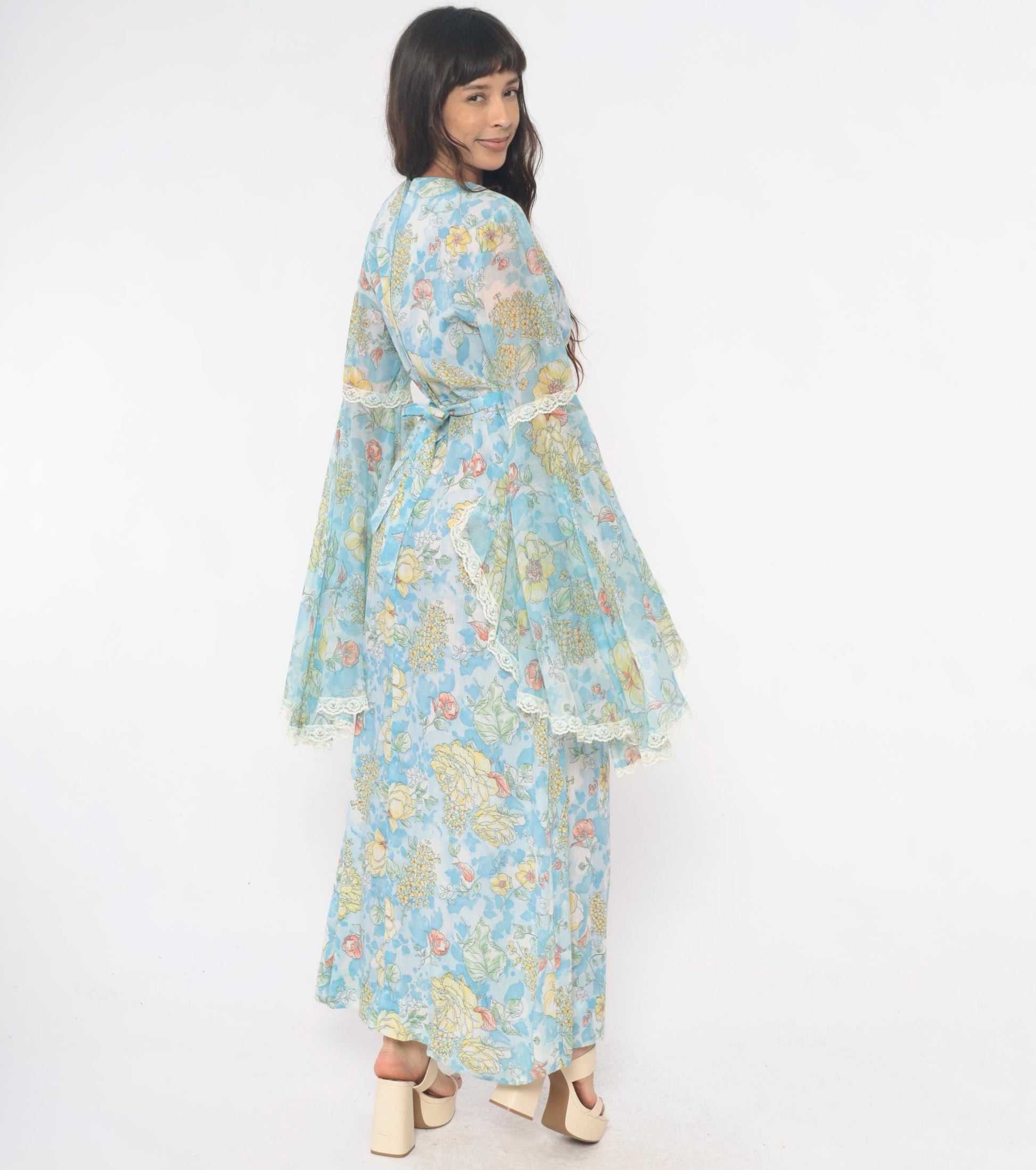 70s Light Blue Floral Maxi Dress Bell Sleeve Wrap Tie Waist Lace Trim Small Medium