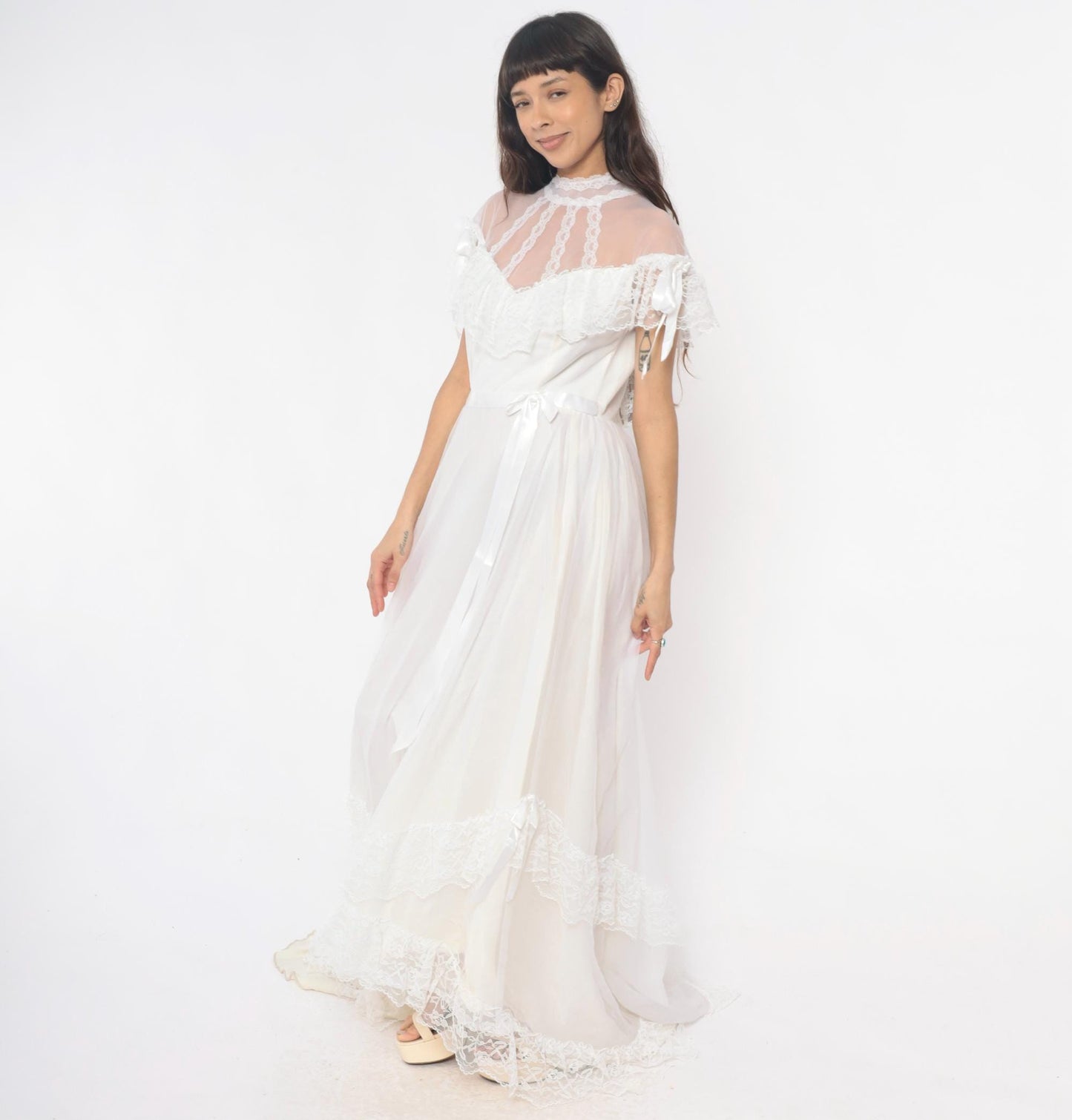 80s White Lace Maxi Nightgown Sheer High Neck Satin Ribbon Medium