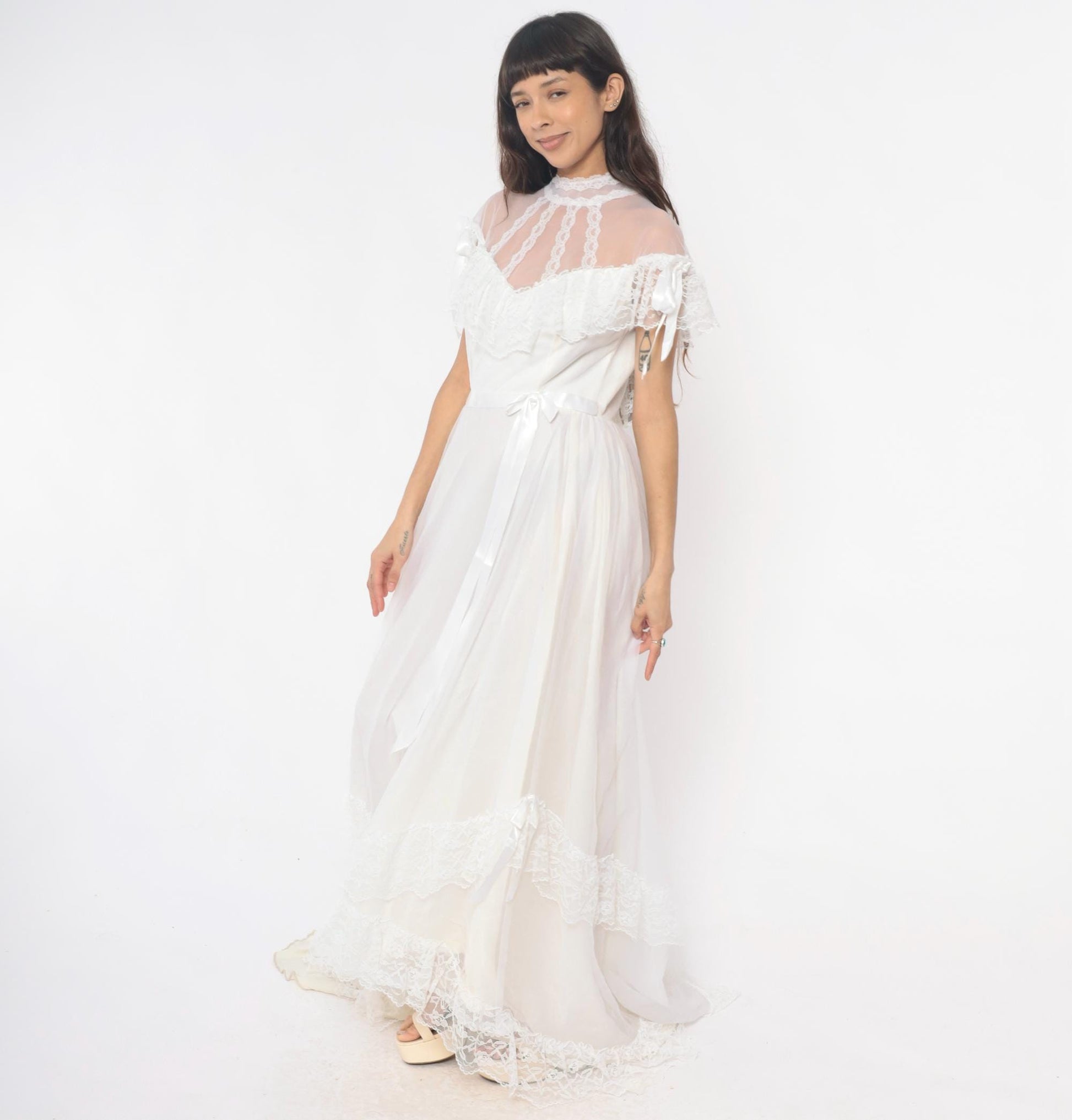 80s White Lace Maxi Nightgown Sheer High Neck Satin Ribbon Medium