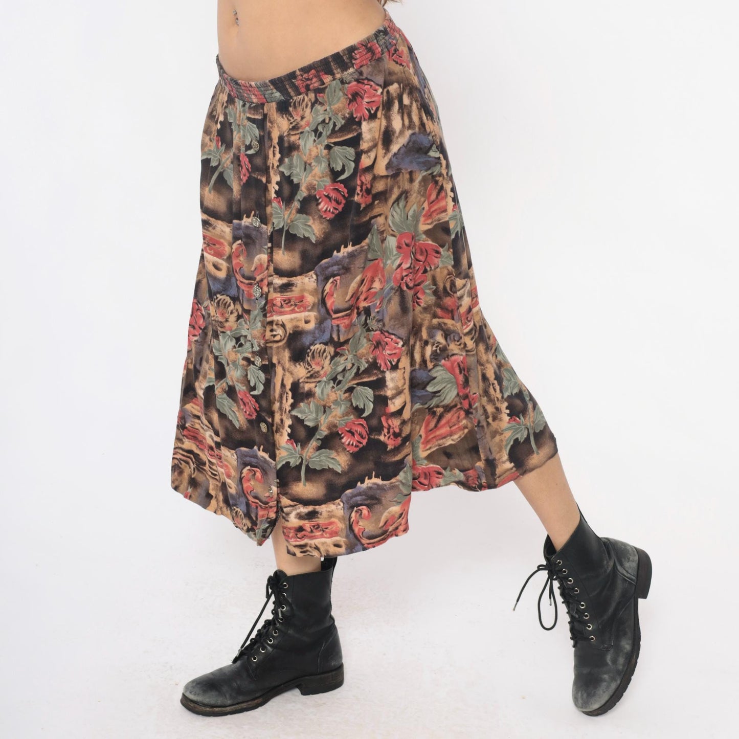 90s Floral Animal Print Midi Skirt Pink Green Brown Rayon Medium Large