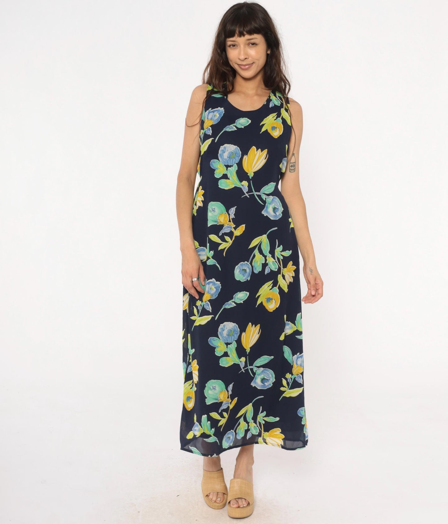 90s Bentley Floral Maxi Dress Navy Blue Yellow Green Scoop Neck Large L
