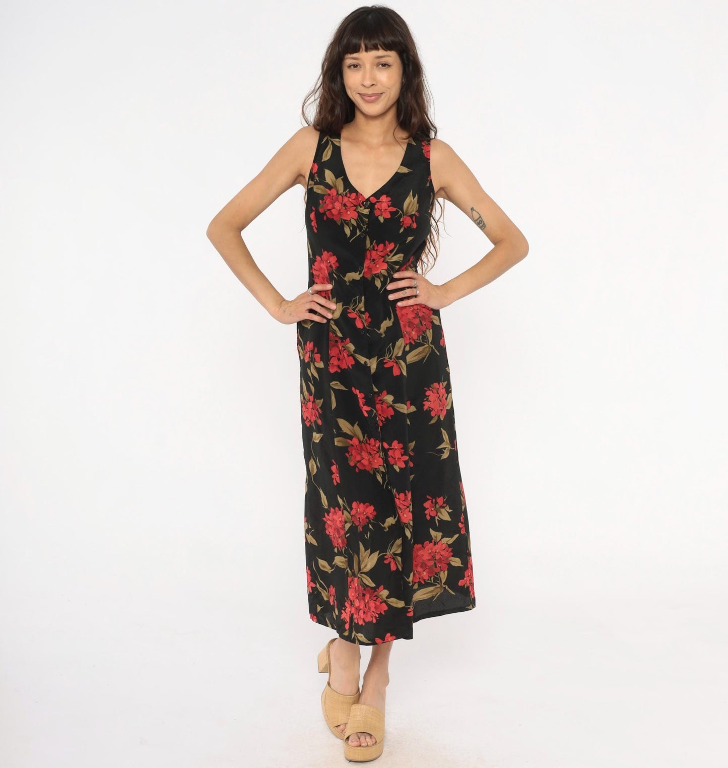 90s Expressions Floral Maxi Dress Black Red Coral Sleeveless V-Neck Medium