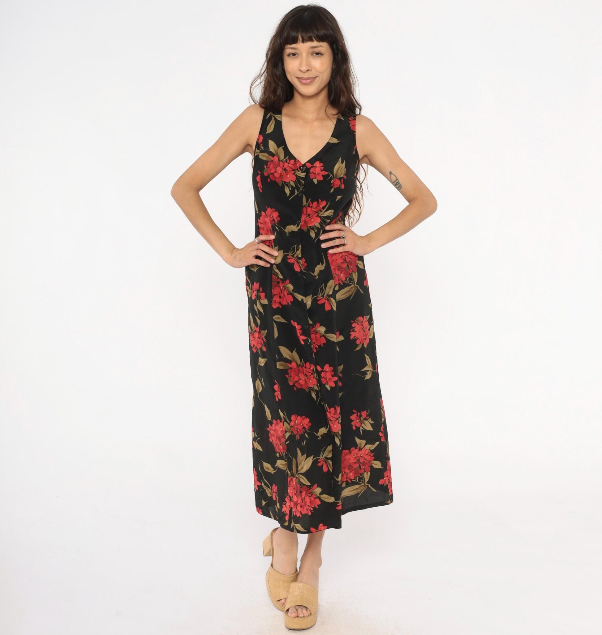 90s Expressions Floral Maxi Dress Black Red Coral Sleeveless V-Neck Medium