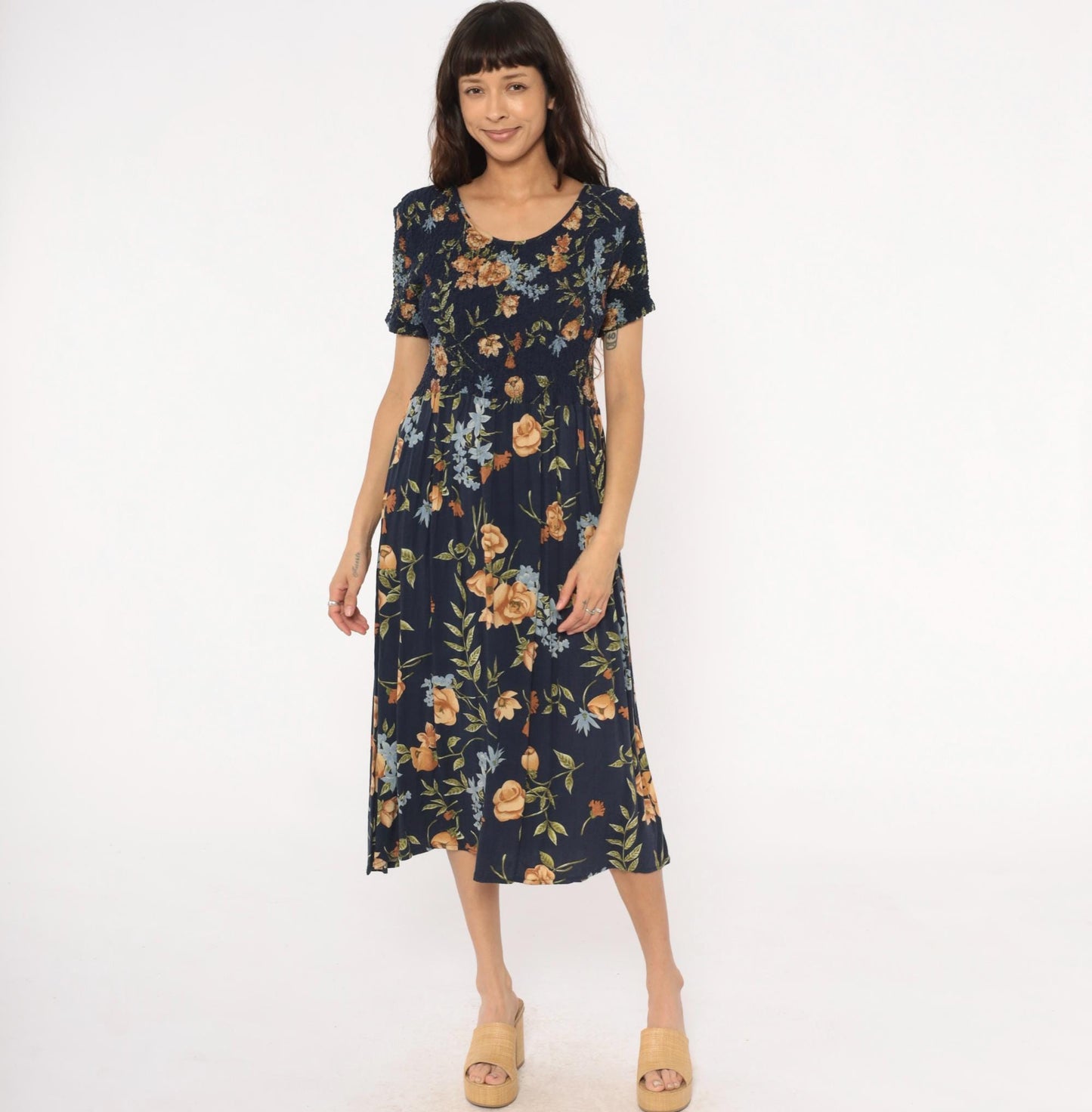 90s Impressions Navy Floral Midi Dress Smocked Empire Waist Short Sleeve Large L