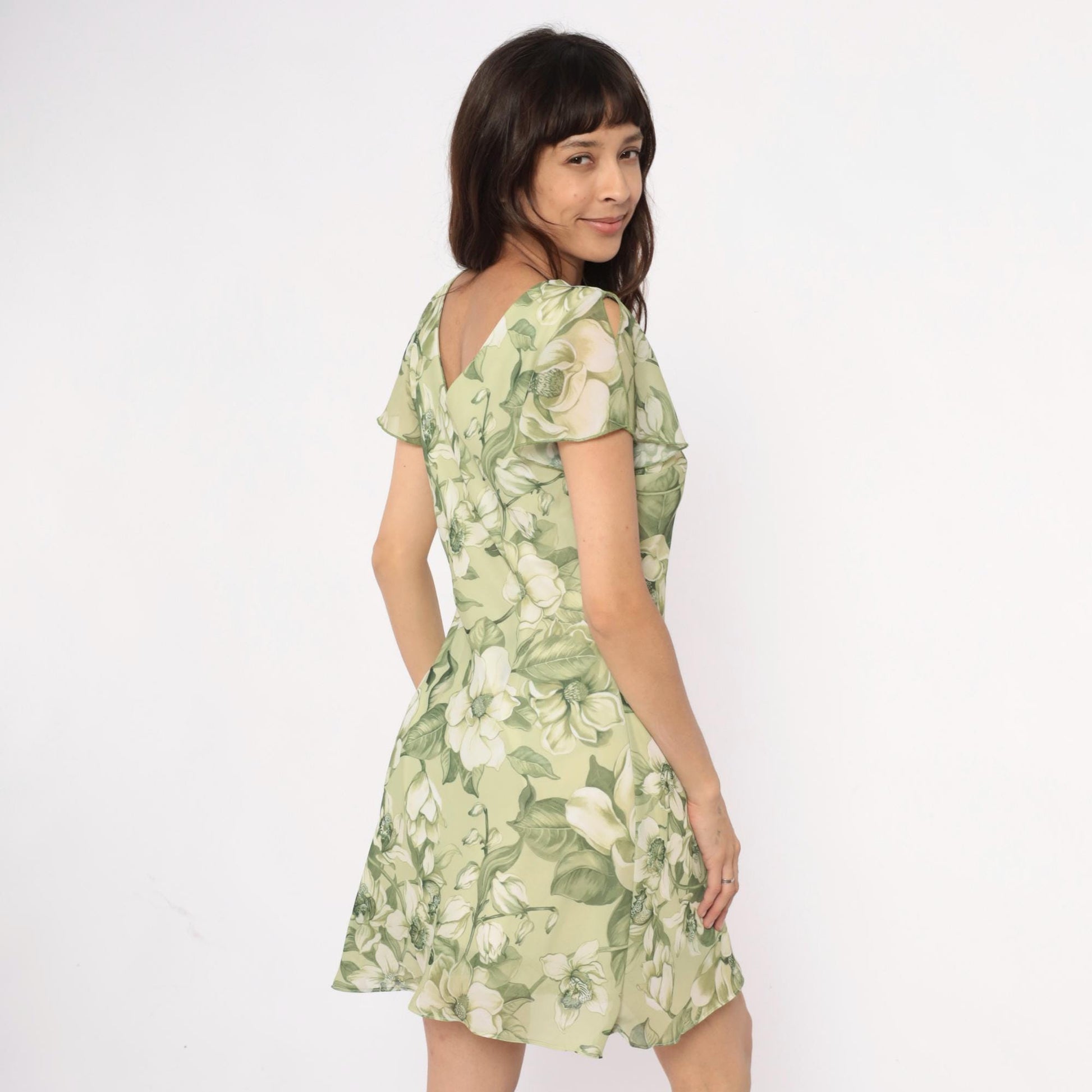 90s Green Magnolia Floral Dress V-Neck Flutter Sleeve A-Line Medium