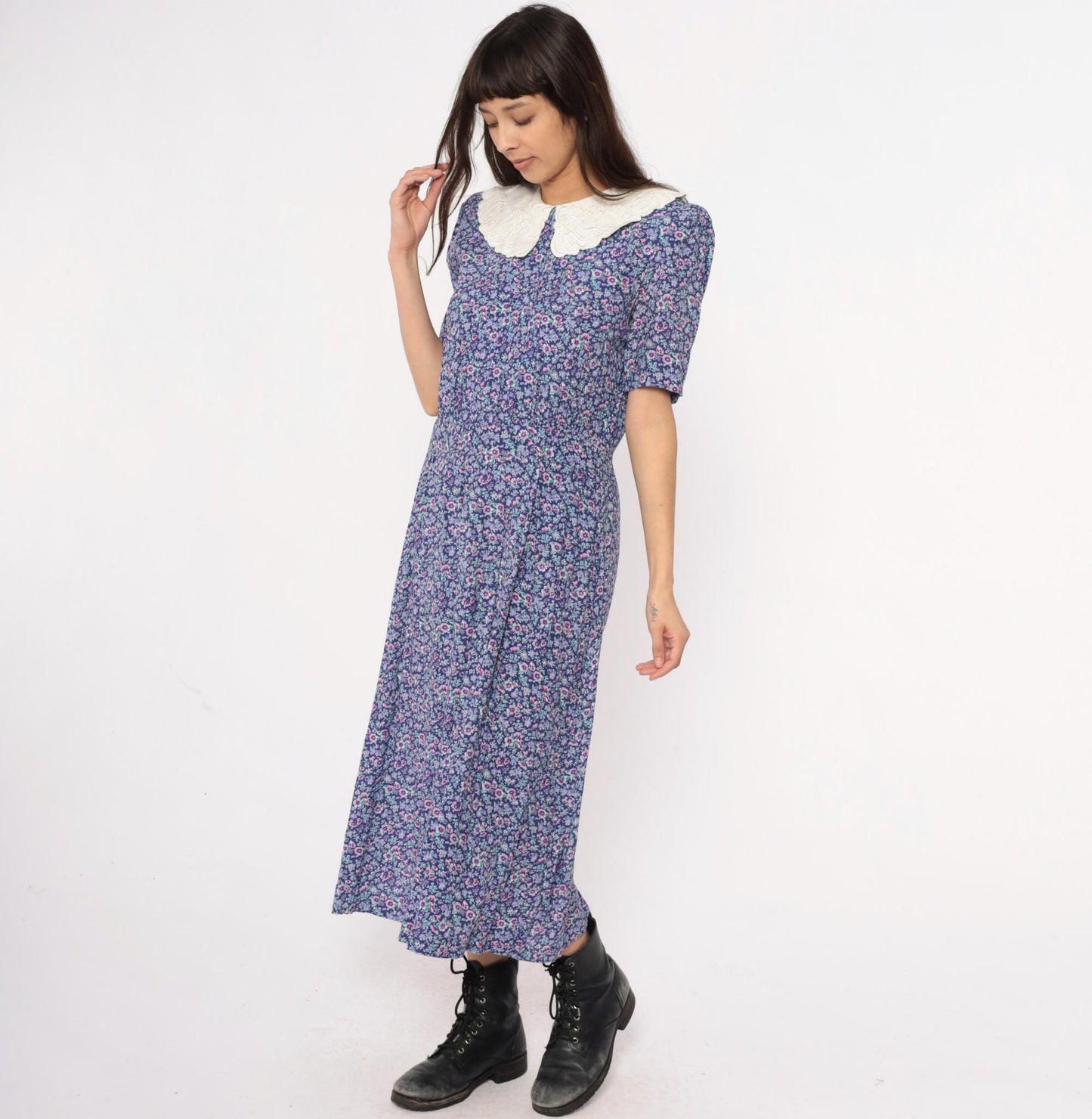 90s Karin Stevens Floral Maxi Dress Peter Pan Collar Purple Medium