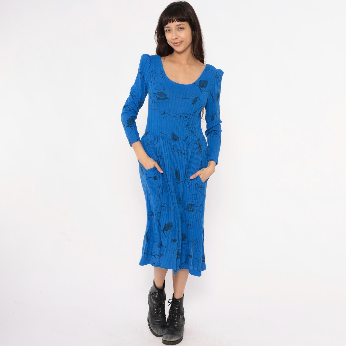 80s Blue Floral Midi Dress Gathered Shoulder Scoop Neckline Small