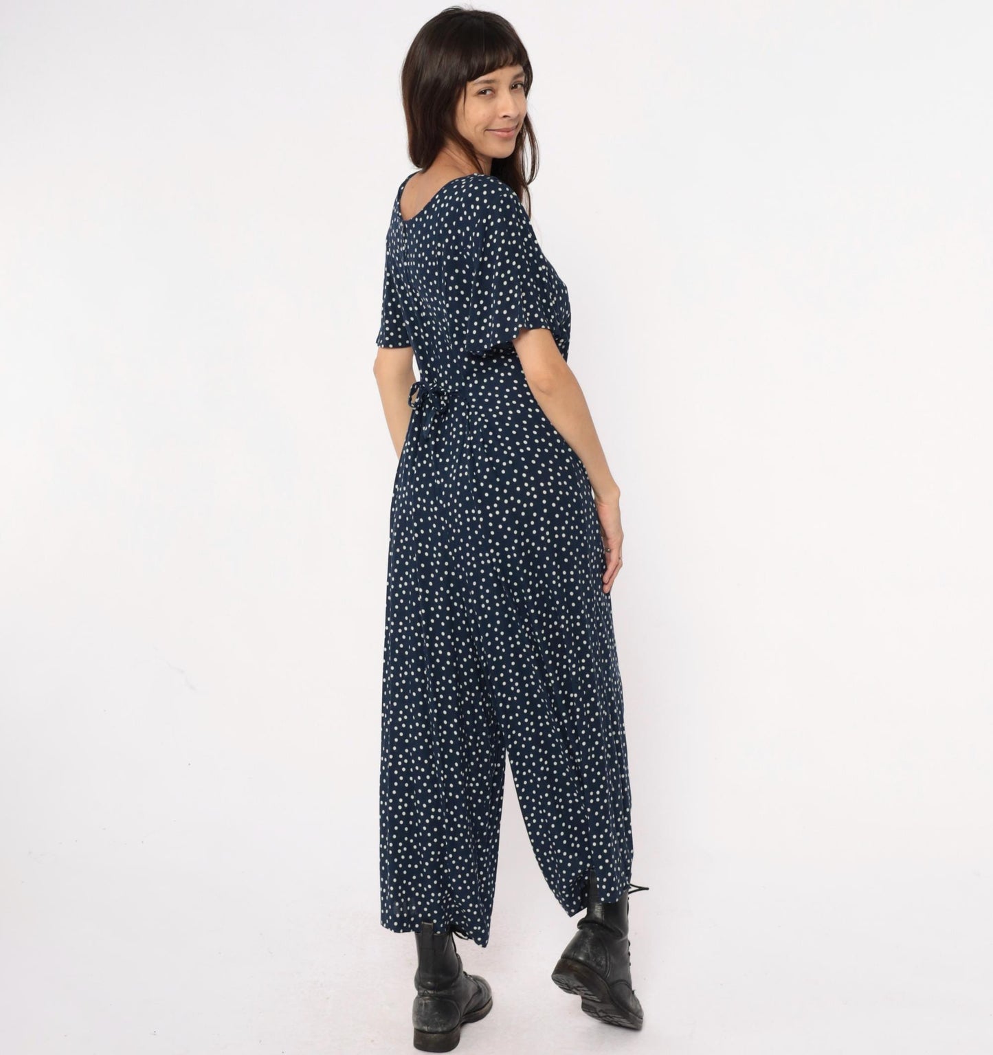 90s Navy Polka Dot Jumpsuit Wide Leg Rayon V-Neck Flutter Sleeve Large L