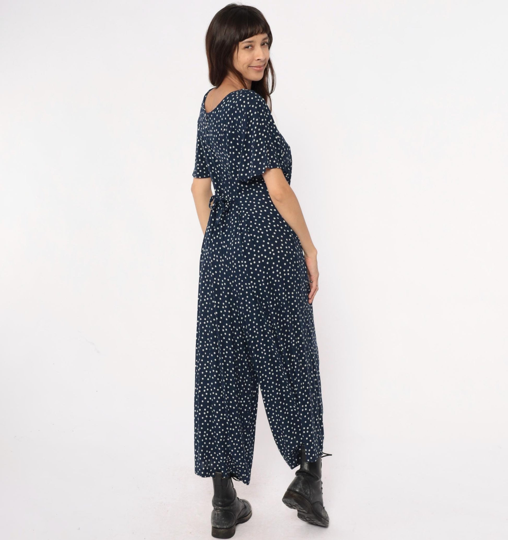 90s Navy Polka Dot Jumpsuit Wide Leg Rayon V-Neck Flutter Sleeve Large L