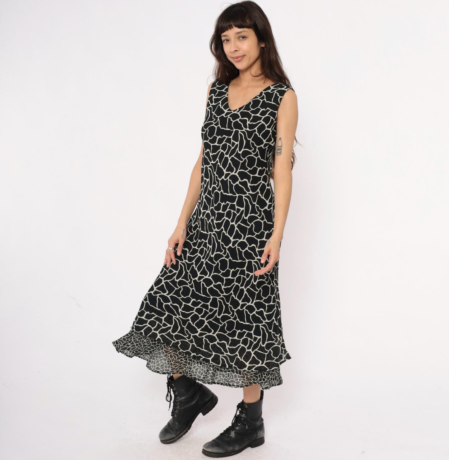 90s Jessica Howard Giraffe Print Maxi Dress Black White Sleeveless Medium