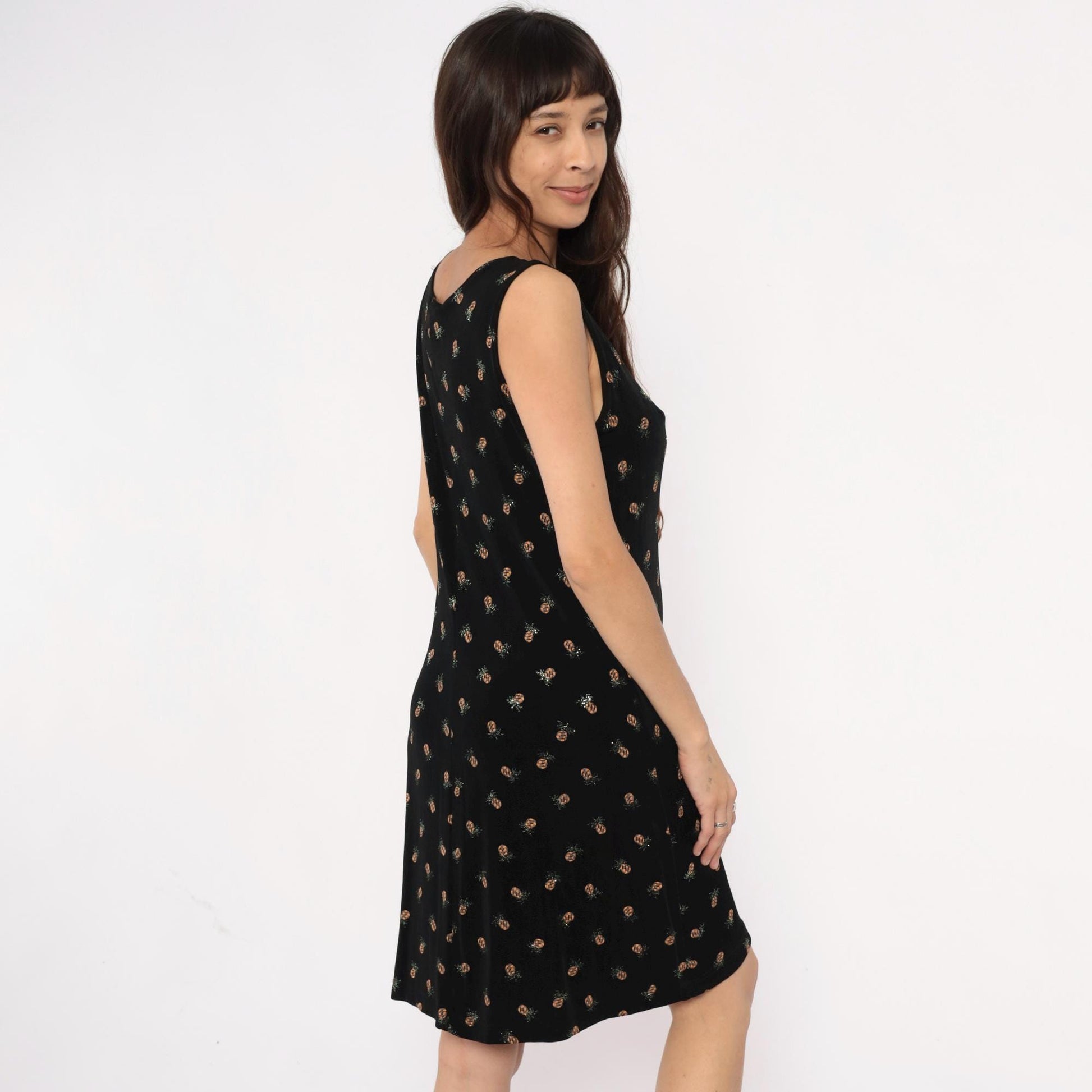 90s Ronni Nicole Pineapple Print Black Shift Dress Medium