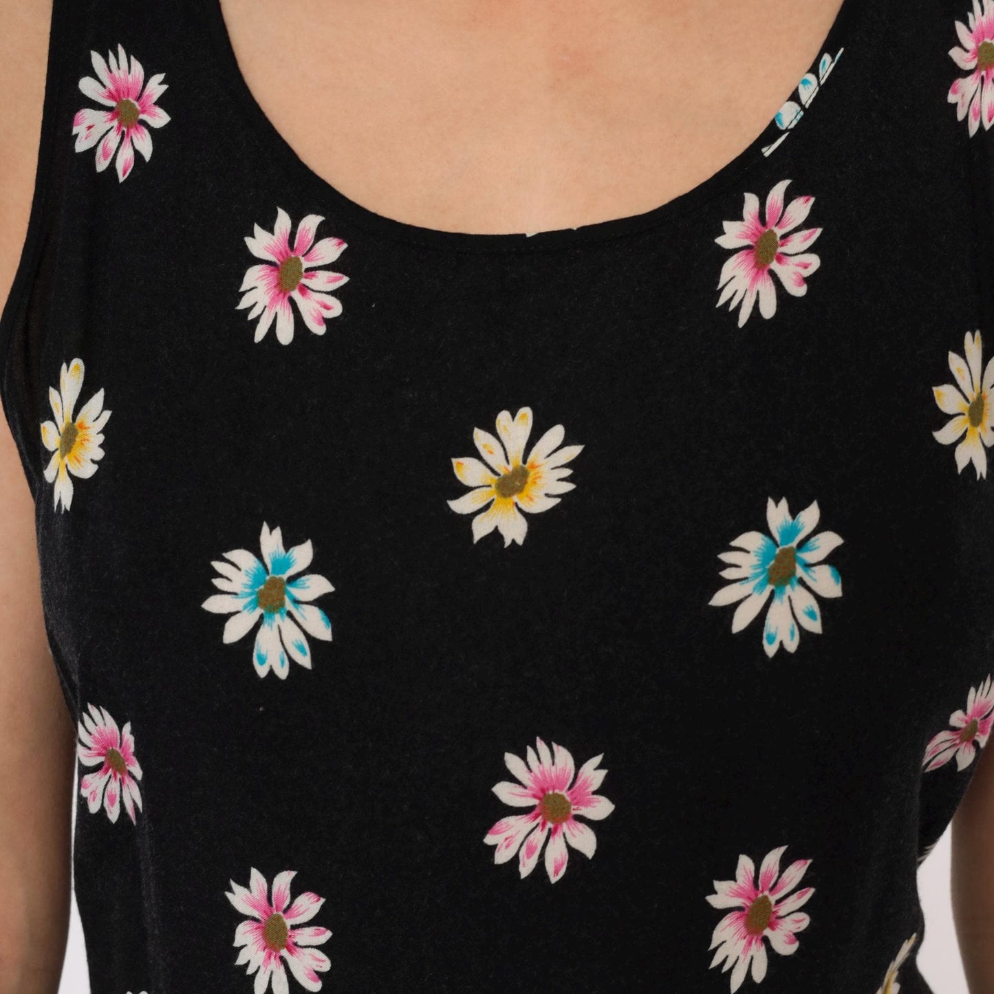 90s Daisy Print Maxi Dress Black Sleeveless Scoop Neck Large L