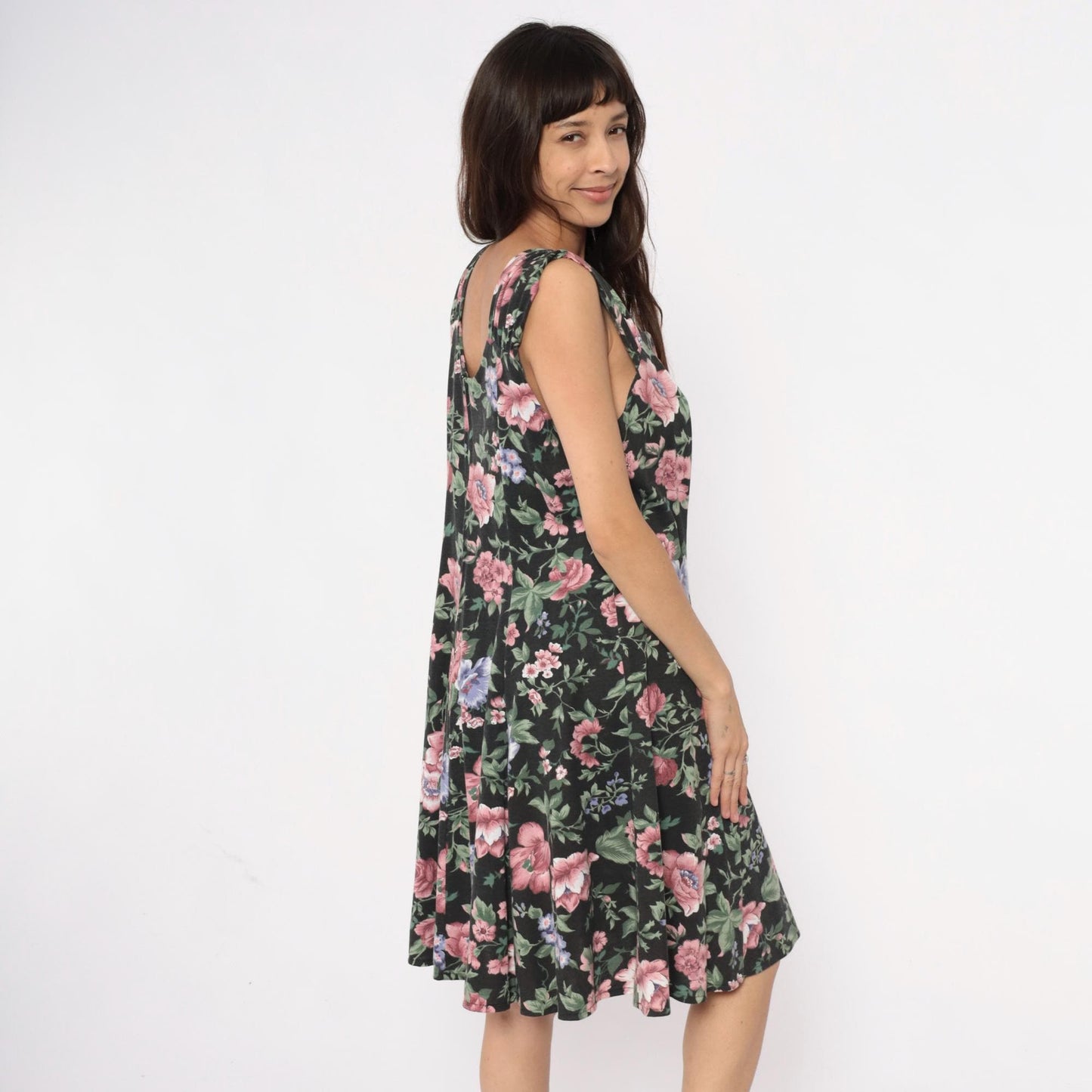 90s Floral Knee-Length Dress Black Pink Roses Blue Flowers Large L
