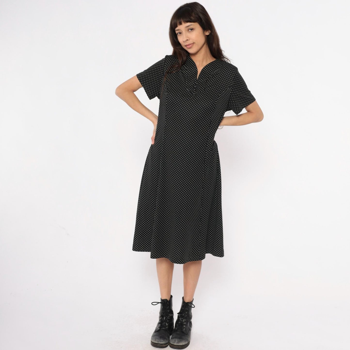 90s Black Polka Dot Midi Dress White V-Neck Short Sleeve Extra Large