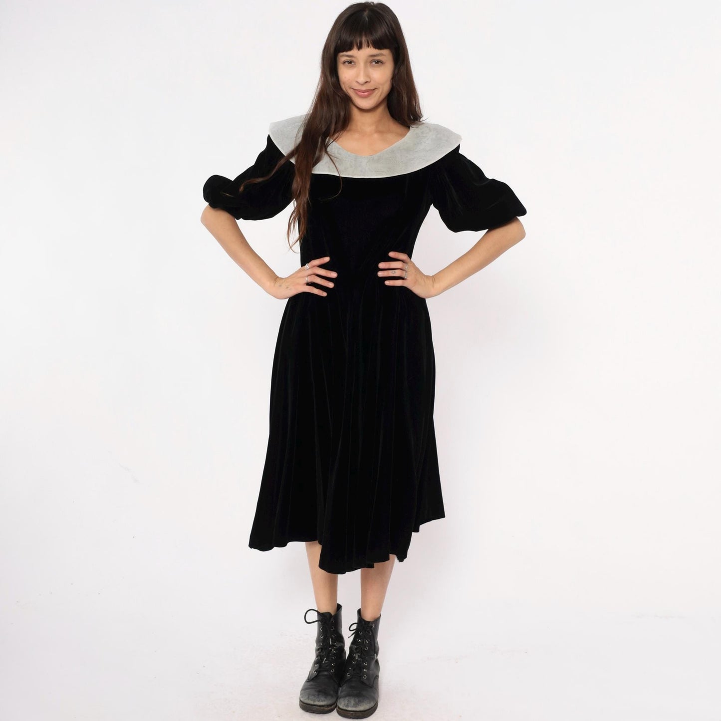 Y2K Yuki Torii Black Velvet Midi Dress White Peter Pan Collar Medium M