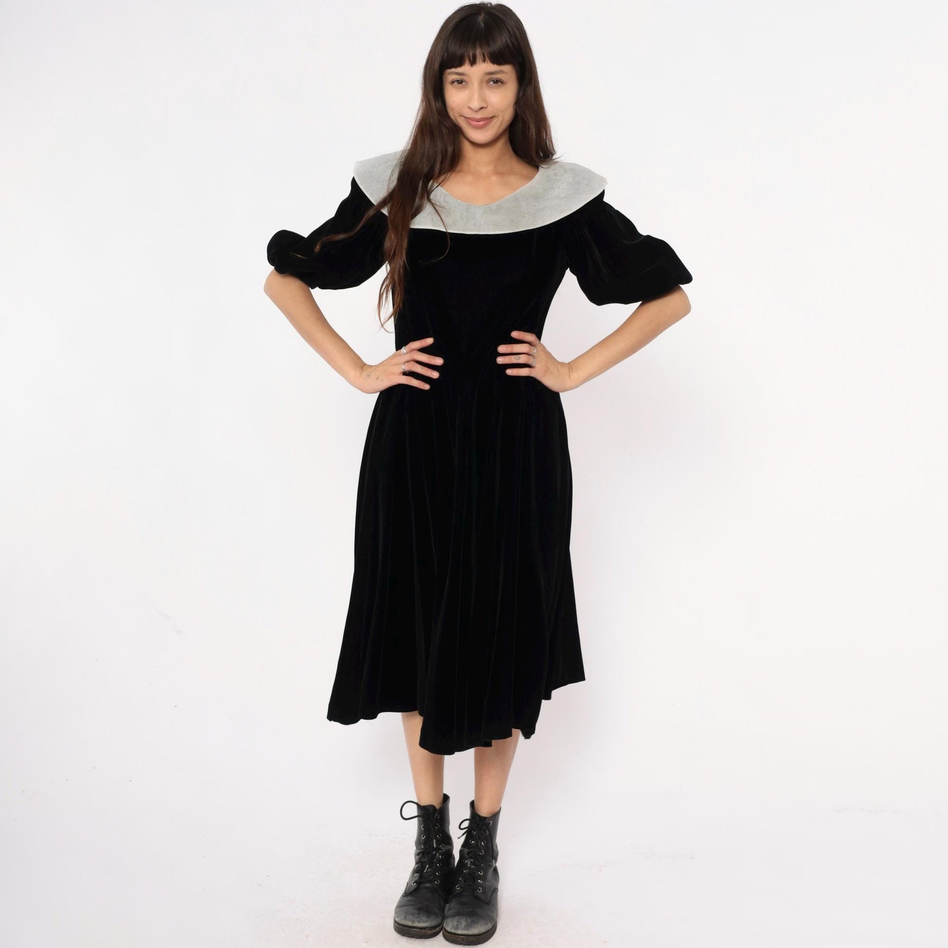 Y2K Yuki Torii Black Velvet Midi Dress White Peter Pan Collar Medium M