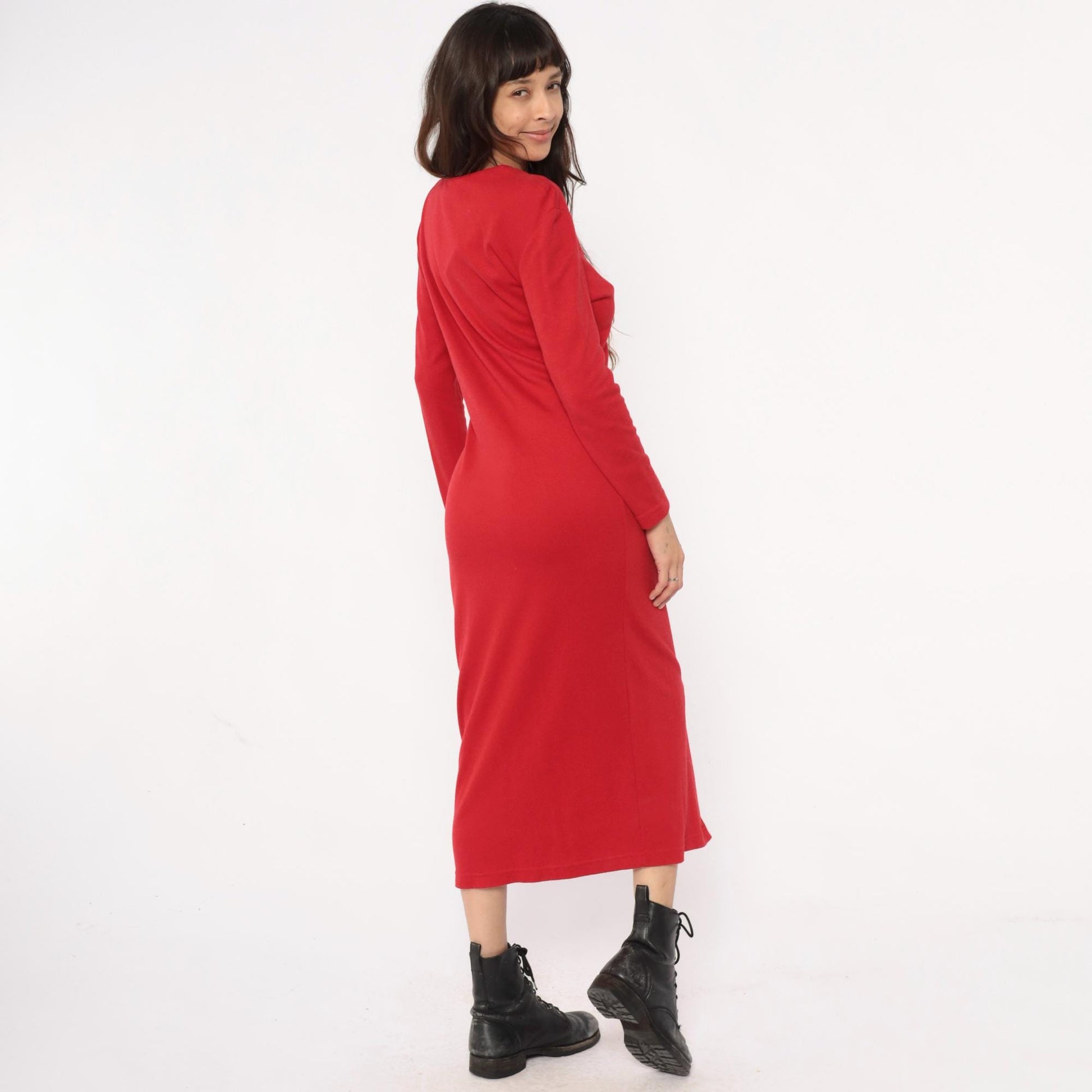 90s Moda Intl Black Maxi Dress Red Yoke Gold Buttons Medium