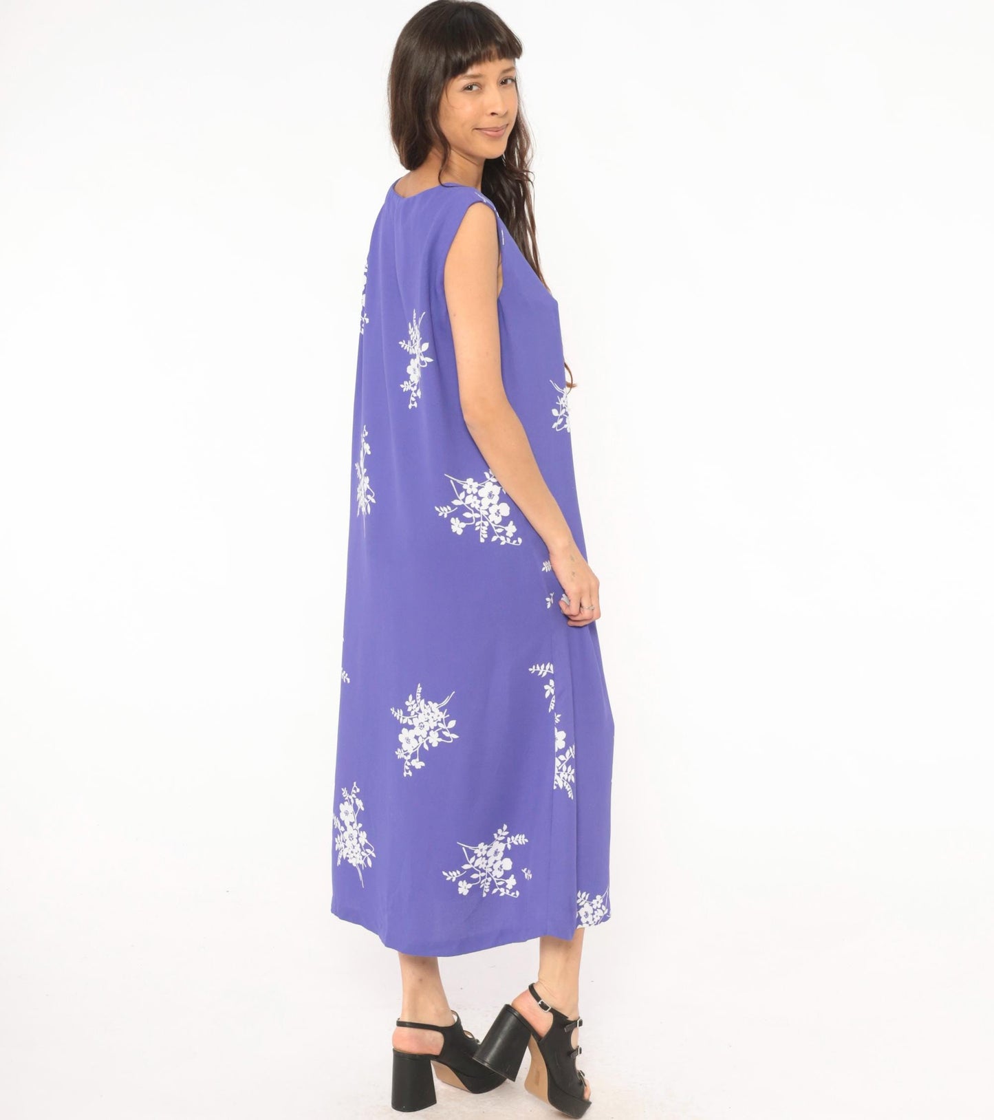 90s Periwinkle Floral Maxi Dress Sleeveless White Embroidered A-Line Extra Large XXL