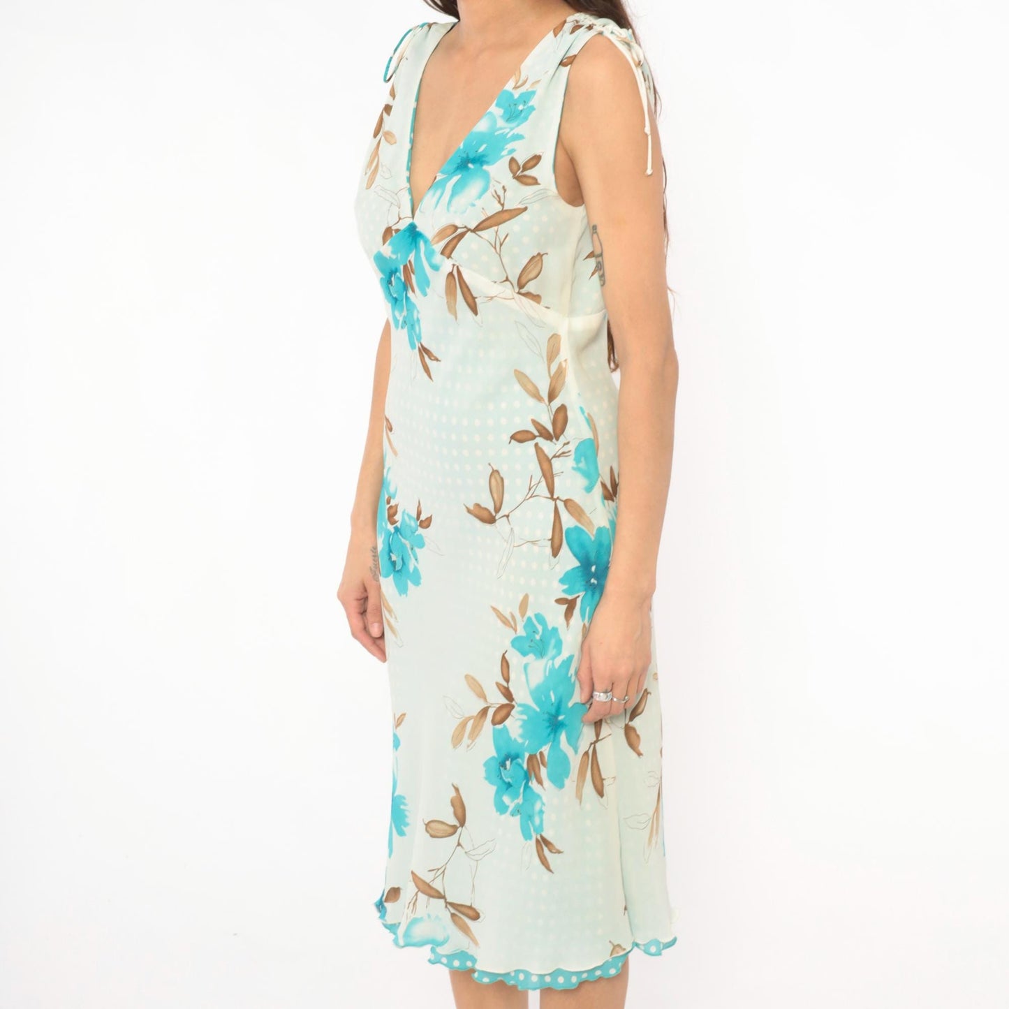 Y2K Reversible Floral Polka Dot Chiffon Dress Turquoise Cream V Neck Tie Shoulder Midi Medium M