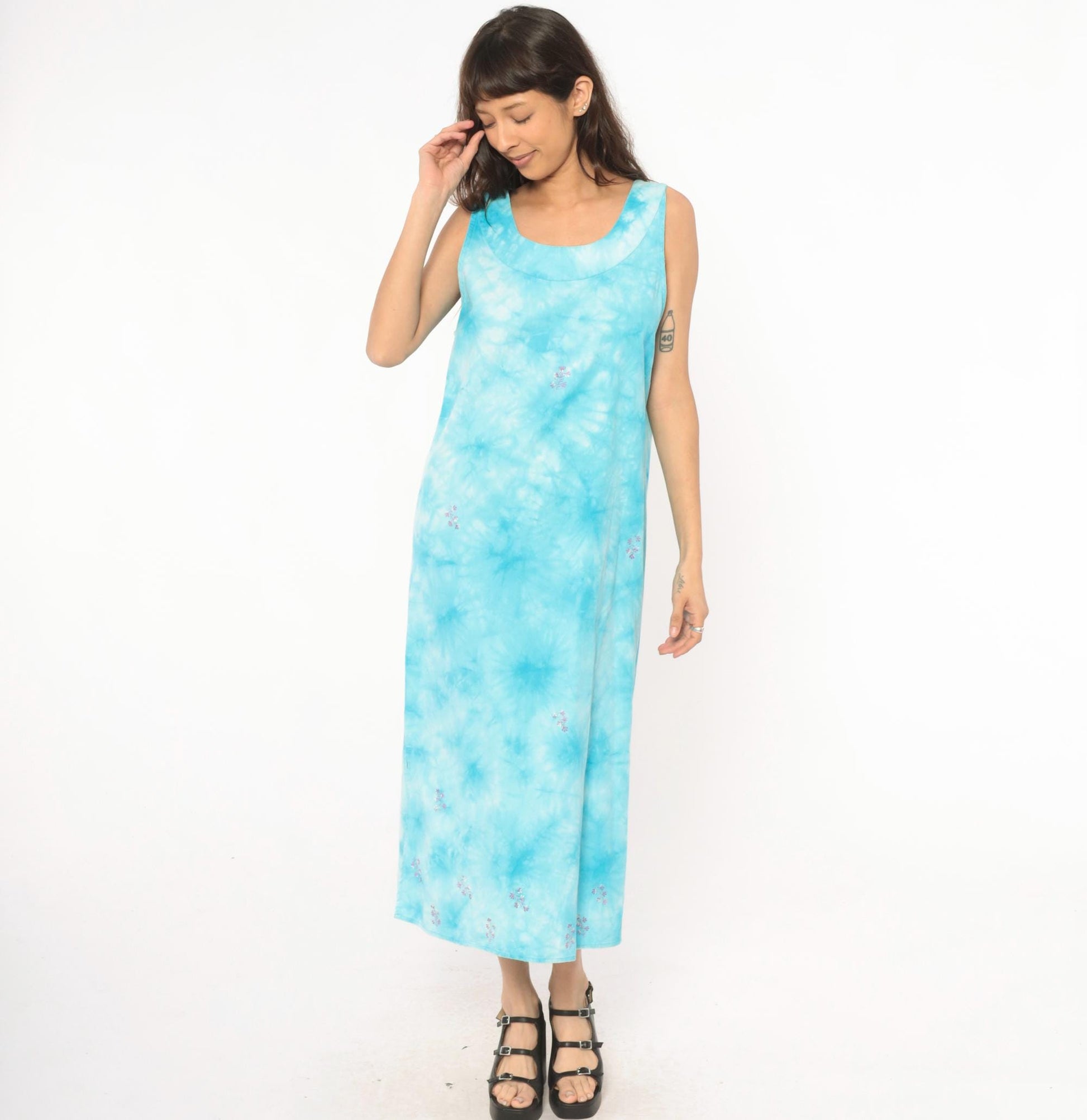 90s Basic Editions Tie Dye Maxi Dress Sky Blue Embroidered Floral Cotton Medium M