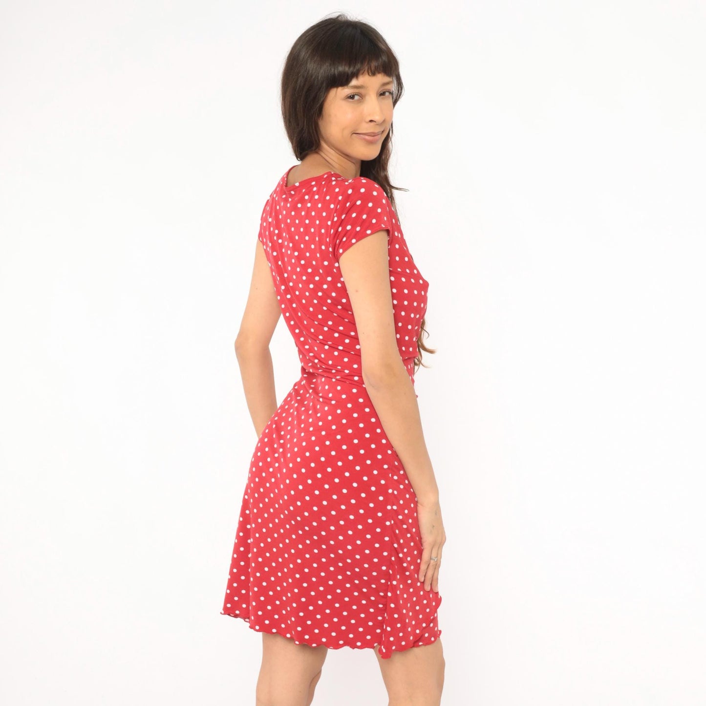 2000s Joseph Ribknoff Red Polka Dot Wrap Dress V Neck Cap Sleeve Small S