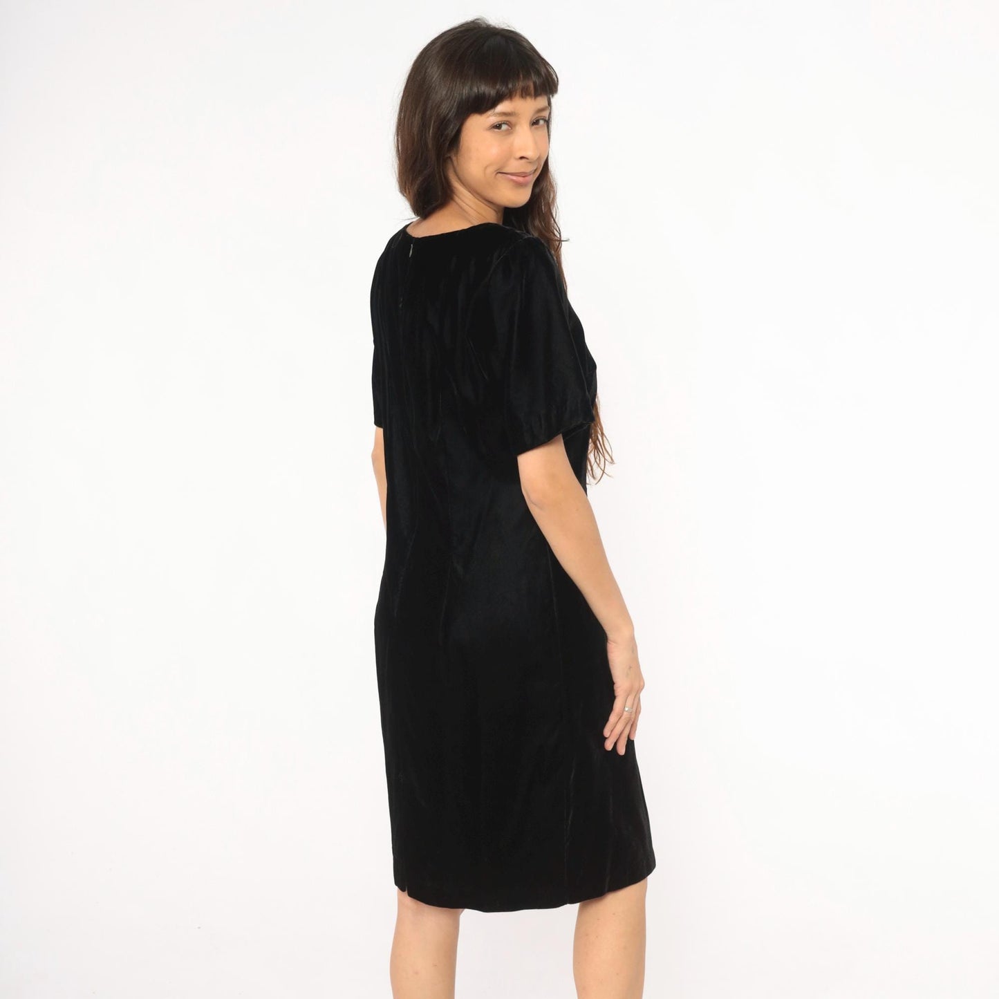 90s My Michelle Black Velvet Dress Square Neck Short Sleeve Knee Length Large L