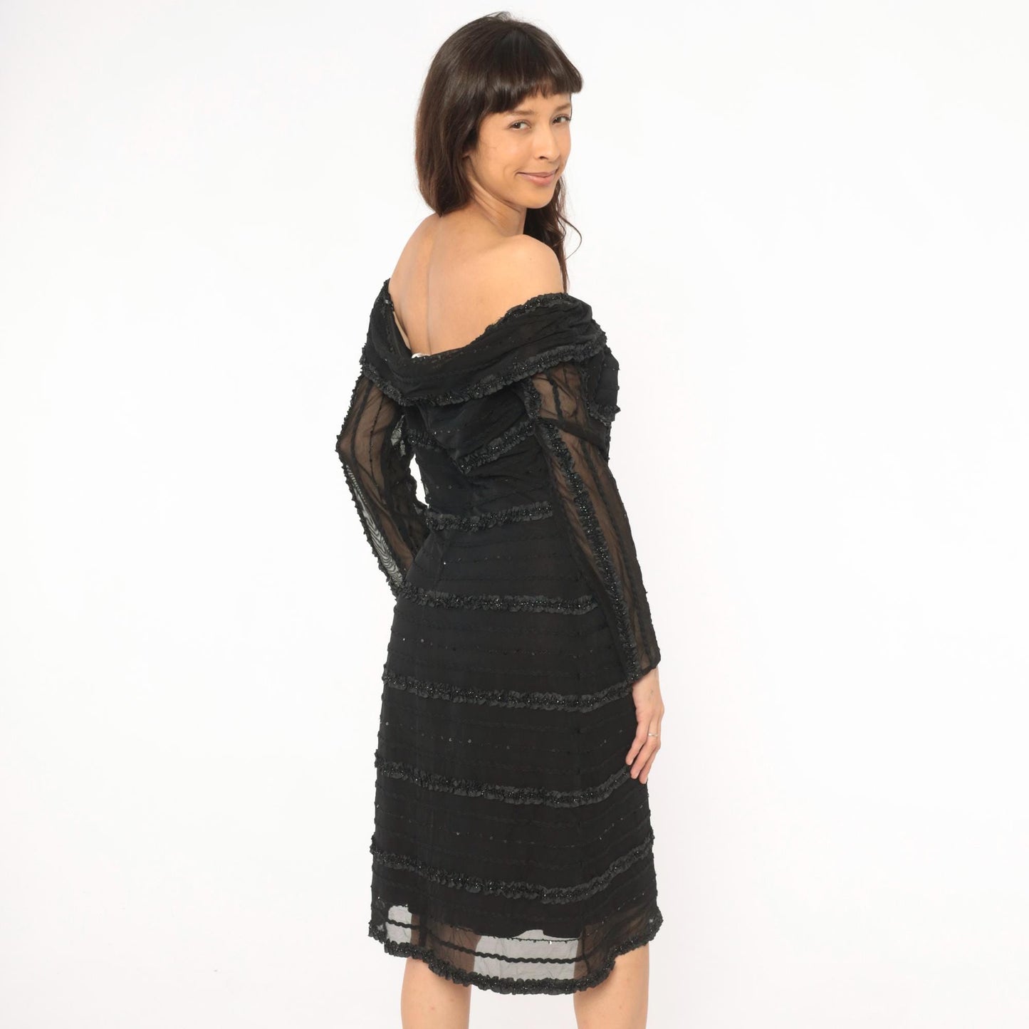 90s Tadashi Off-Shoulder Beaded Cocktail Dress Black Mesh Knee-Length Large L