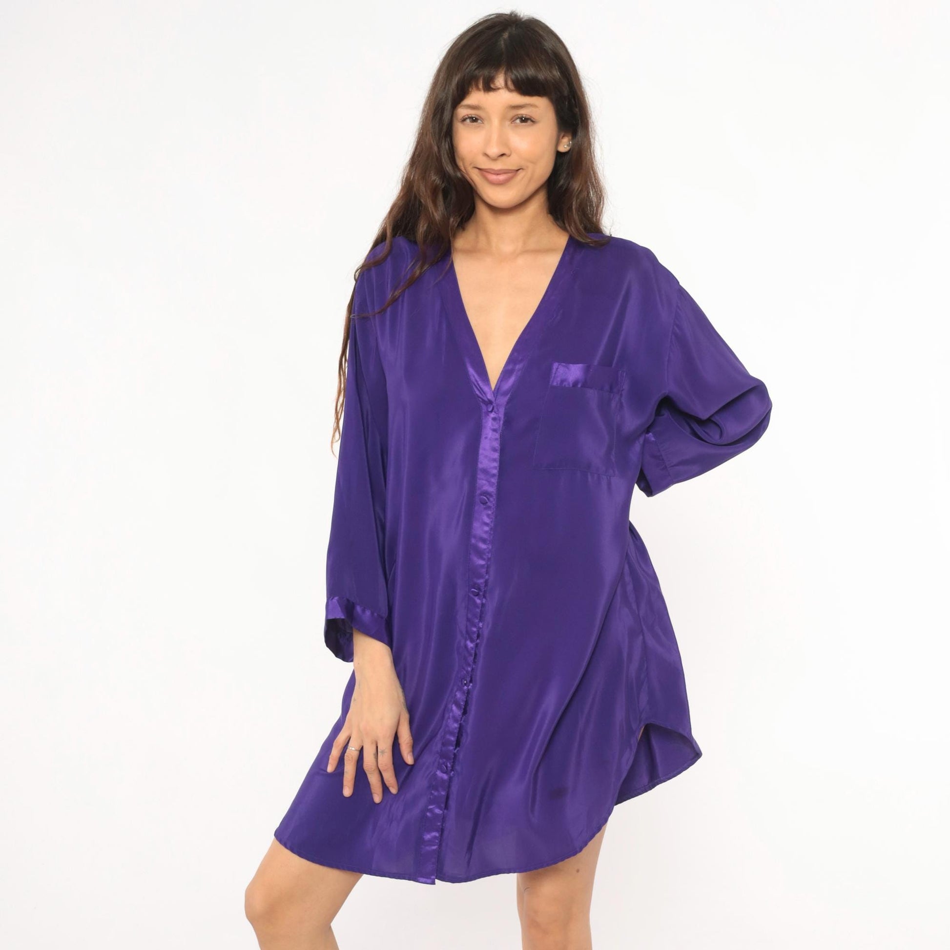 90s Beth Michaels Purple Satin Sleep Shirt Button Front V Neck Knee Length Large L