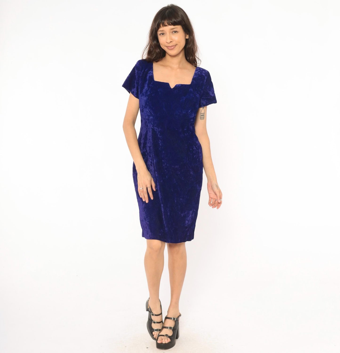 90s Late Edition Purple Crushed Velvet Dress Sweetheart Neckline Knee-Length Medium M