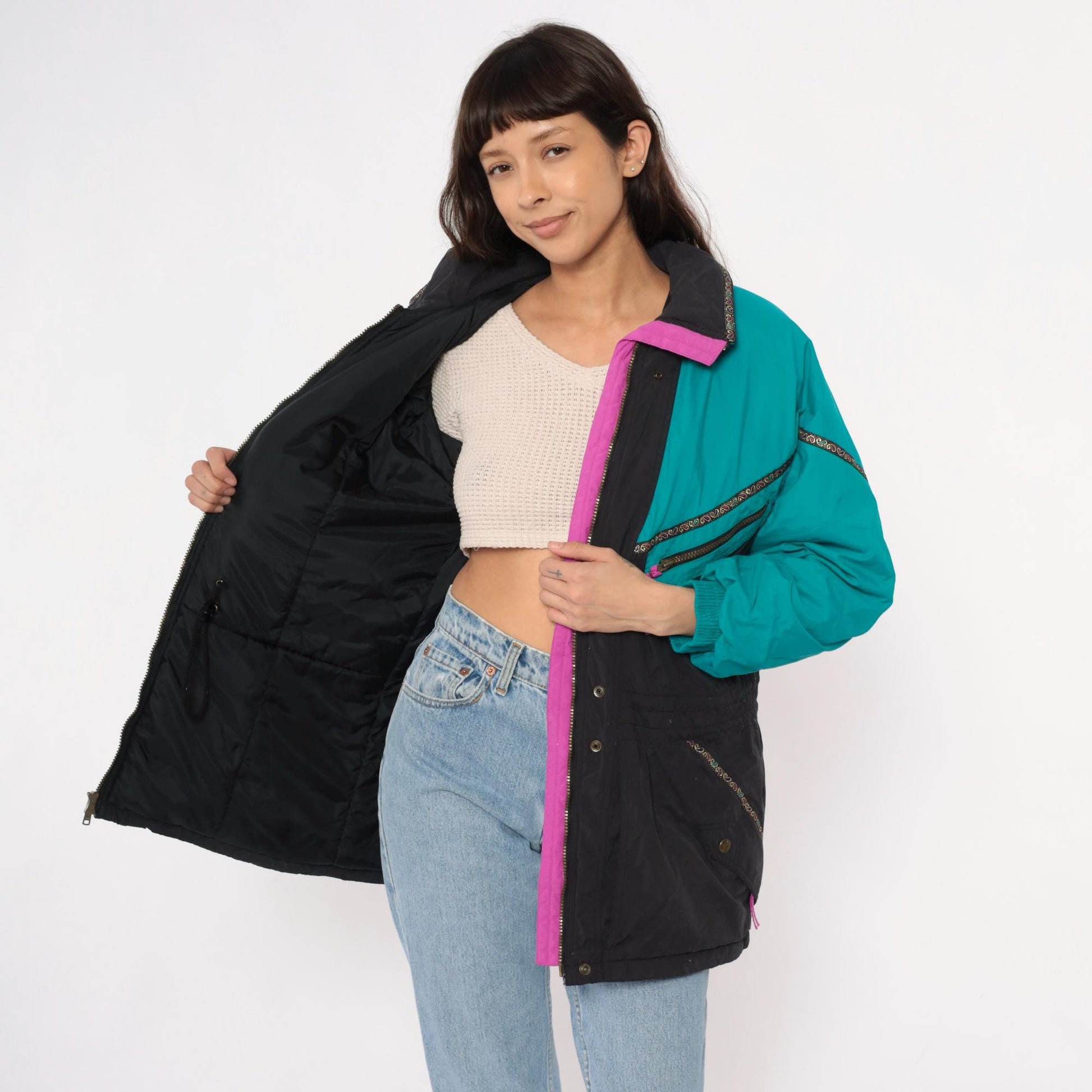 90s Colorblock Ski Jacket Teal Black Puffer Pink Zippers Small S