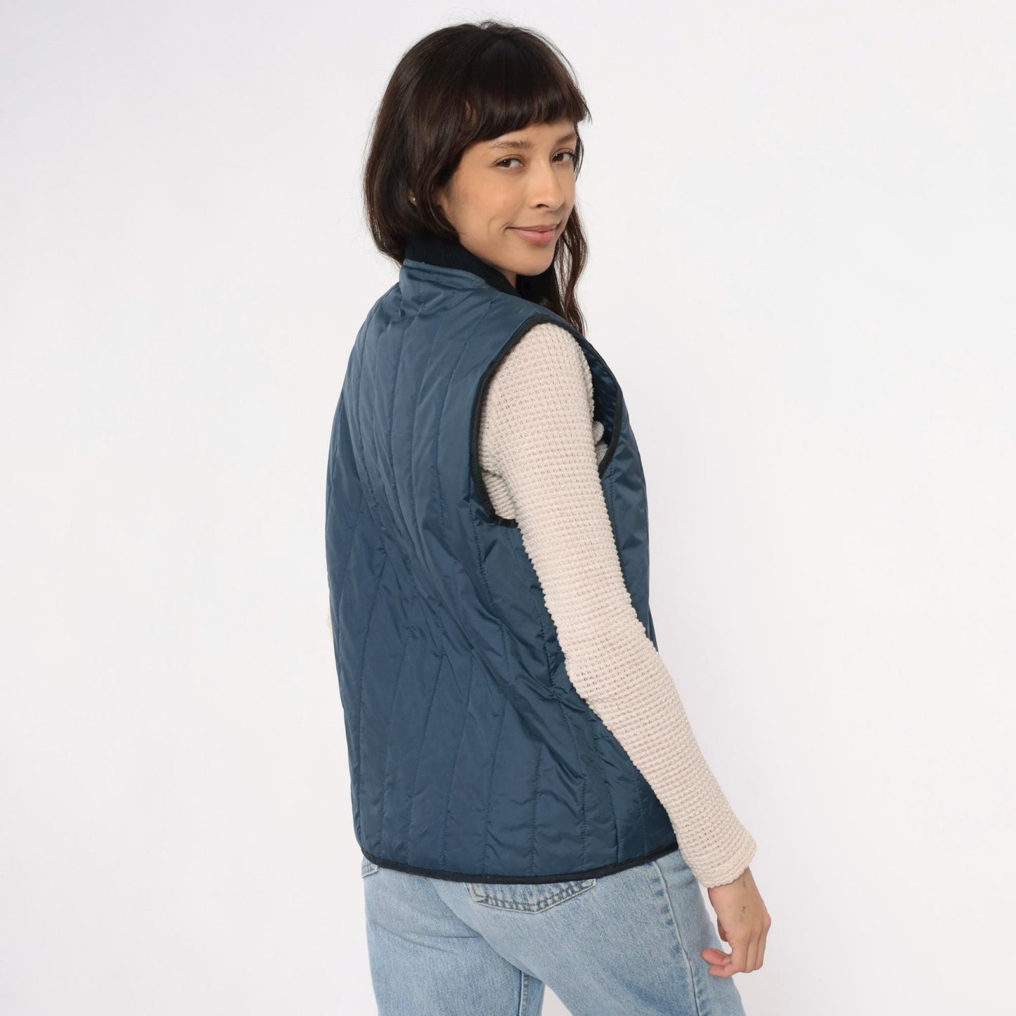 80s Sears Navy Quilted Vest Zip Front Puffer Sleeveless Medium