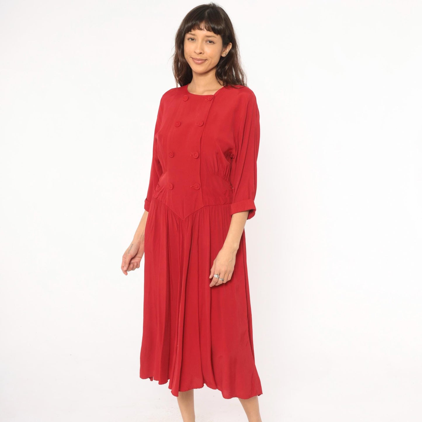 80s Piccolino Petites Crimson Double Breasted Midi Dress Round Neck Small Medium
