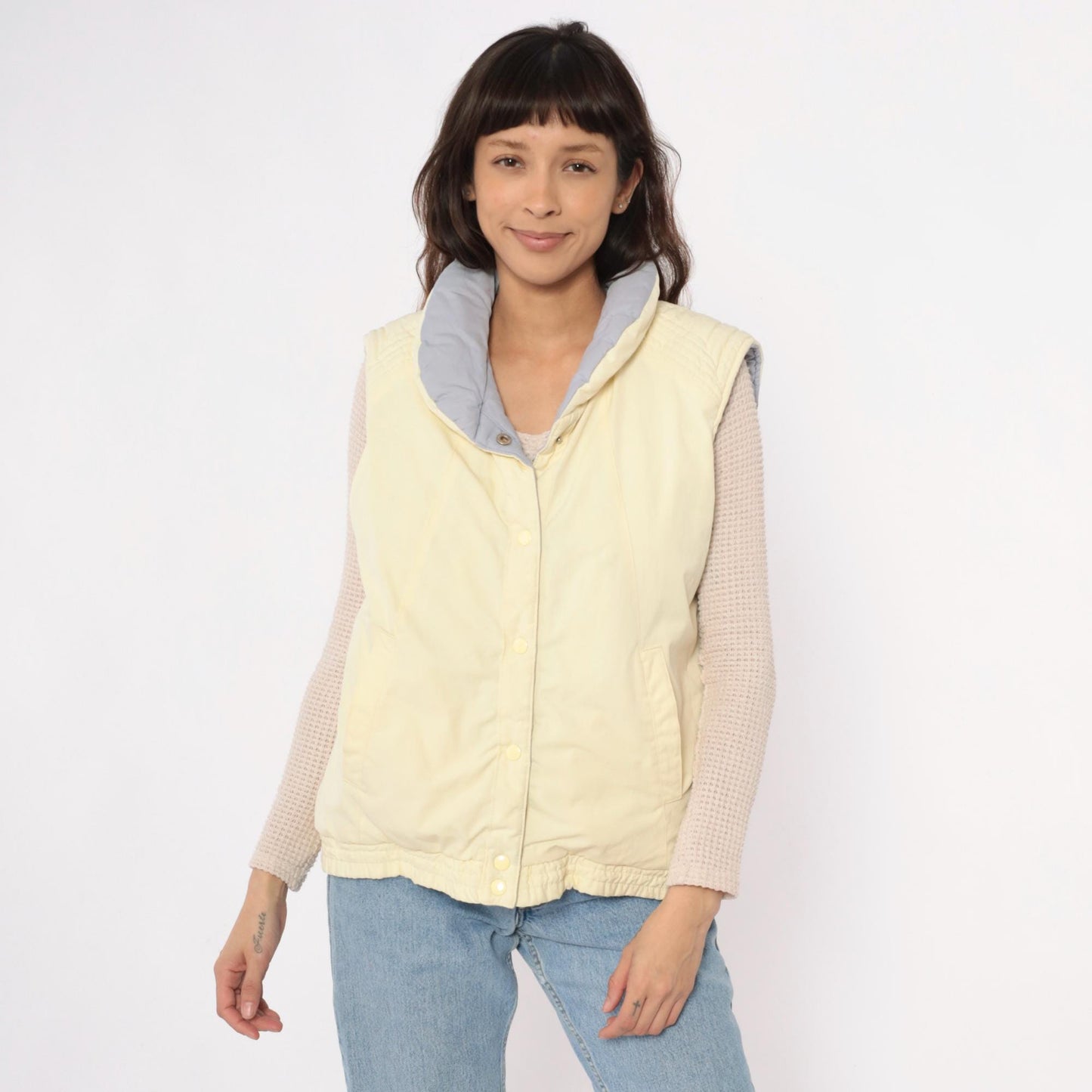 80s Reversible Quilted Vest Yellow Grey Puffer Sleeveless Medium