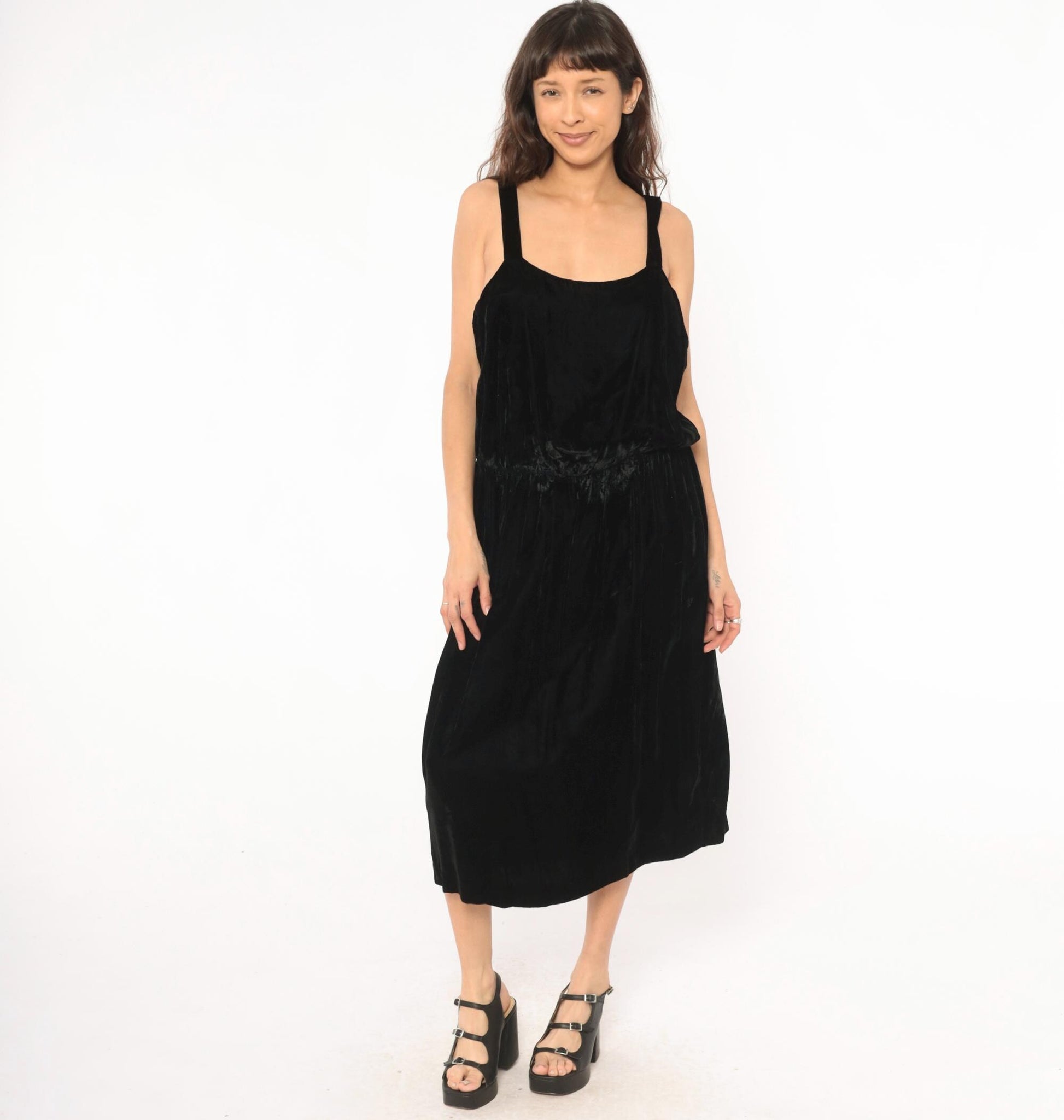 80s Black Velvet Sleeveless Dress Gathered Waist Scoop Neck Midi Large L