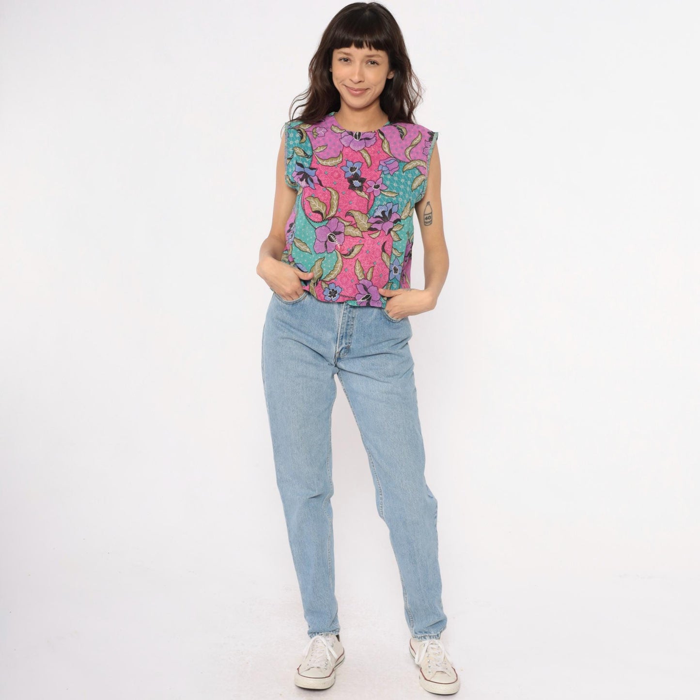 90s Floral Patchwork Tank Top Pink Purple Teal Sleeveless Shell Small