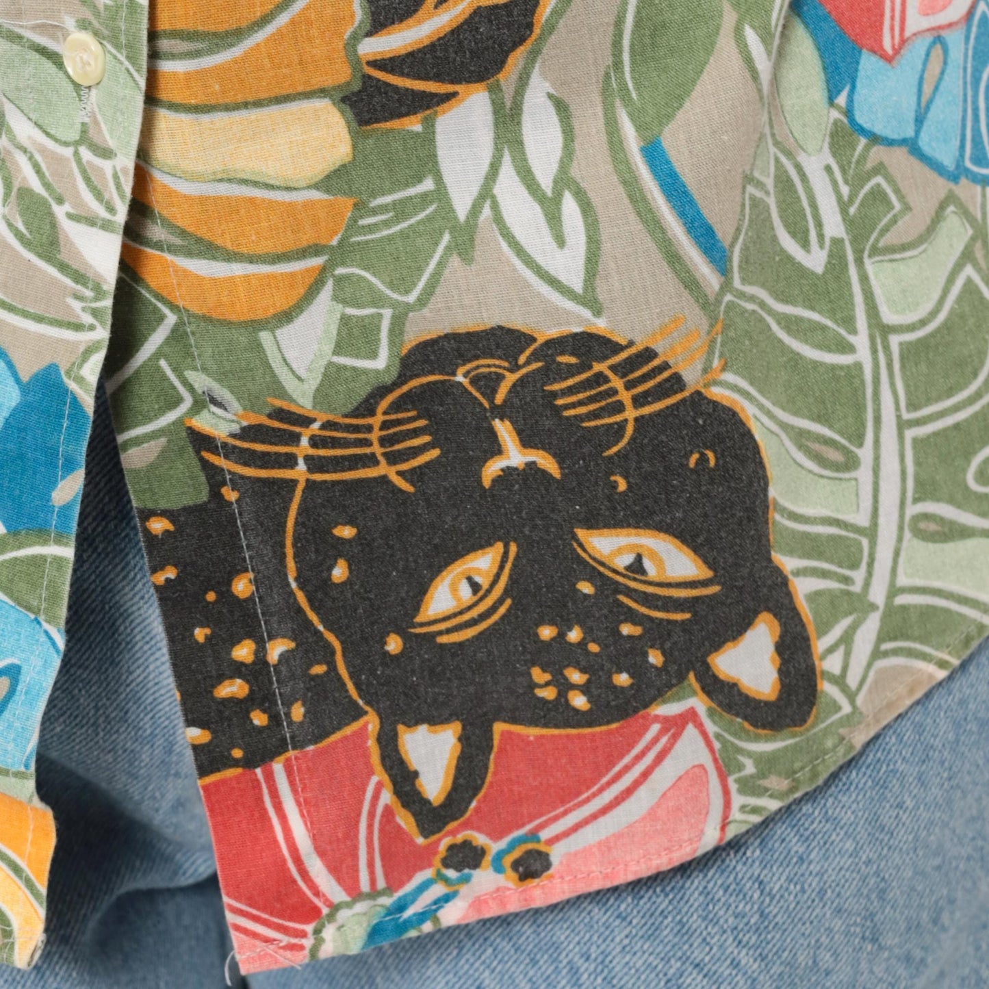 90s Black Panther Tropical Print Button-Up Shirt Monstera Leaf Multicolor Large L