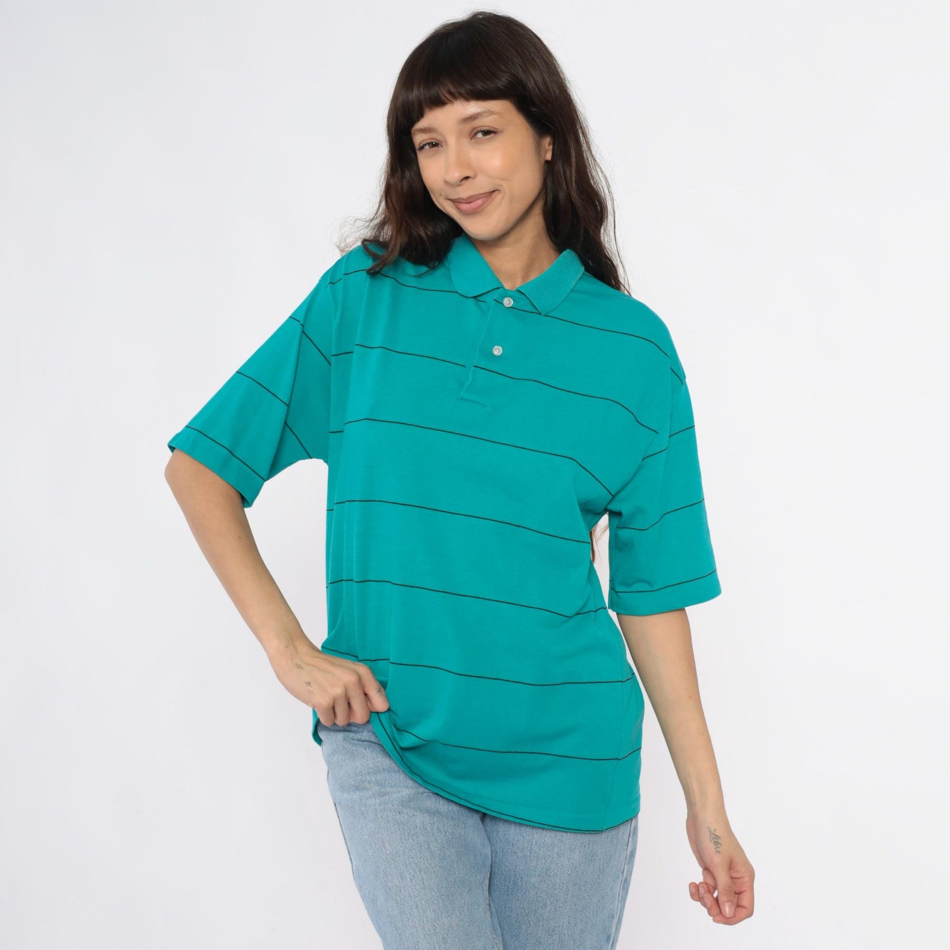 80s Chesterfield Teal Striped Polo Shirt Black Lines Cotton Large L