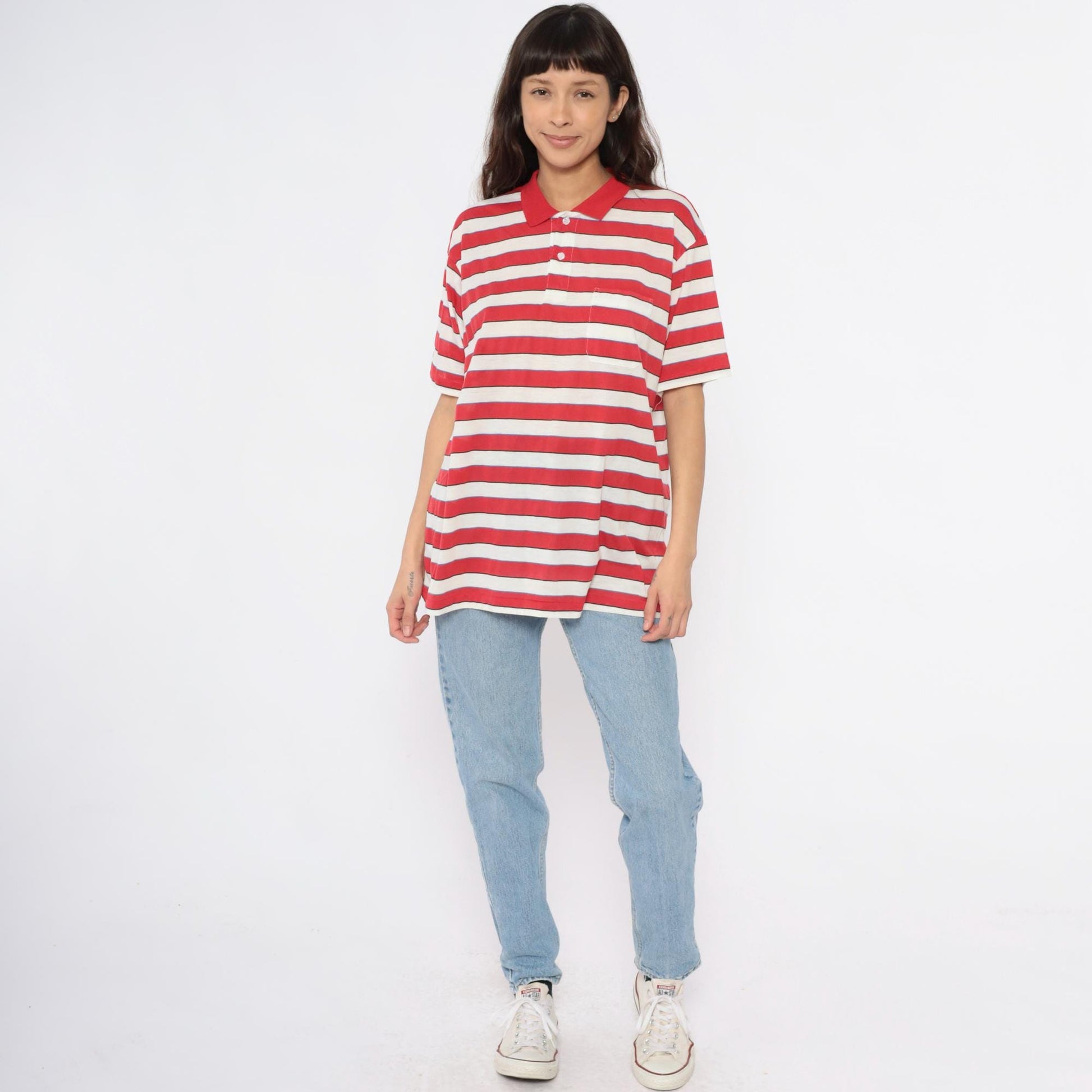80s Striped Polo Shirt Red Cream Blue Horizontal Stripes Short Sleeve Extra Large XL