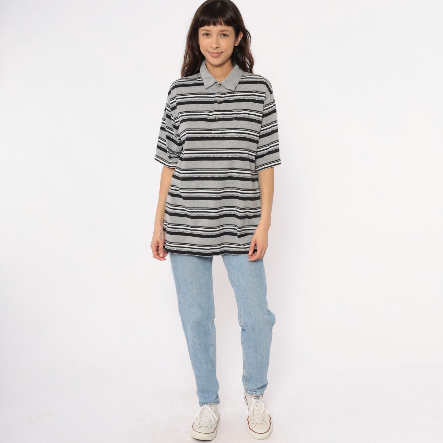 90s Classic by Palmland Striped Polo Shirt Grey Black White Extra Large XL