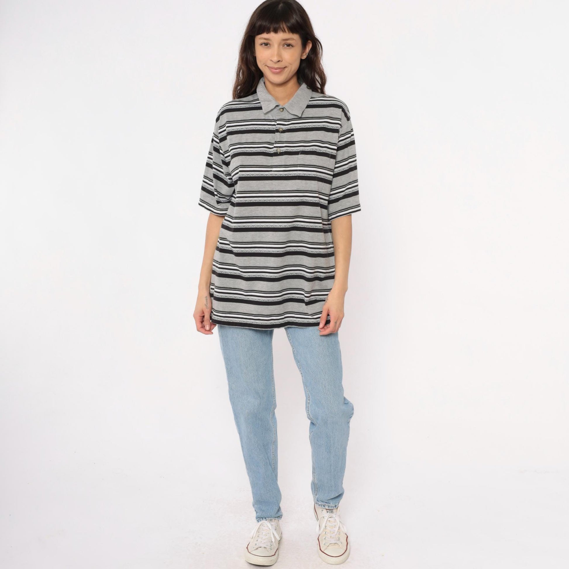 90s Classic by Palmland Striped Polo Shirt Grey Black White Extra Large XL