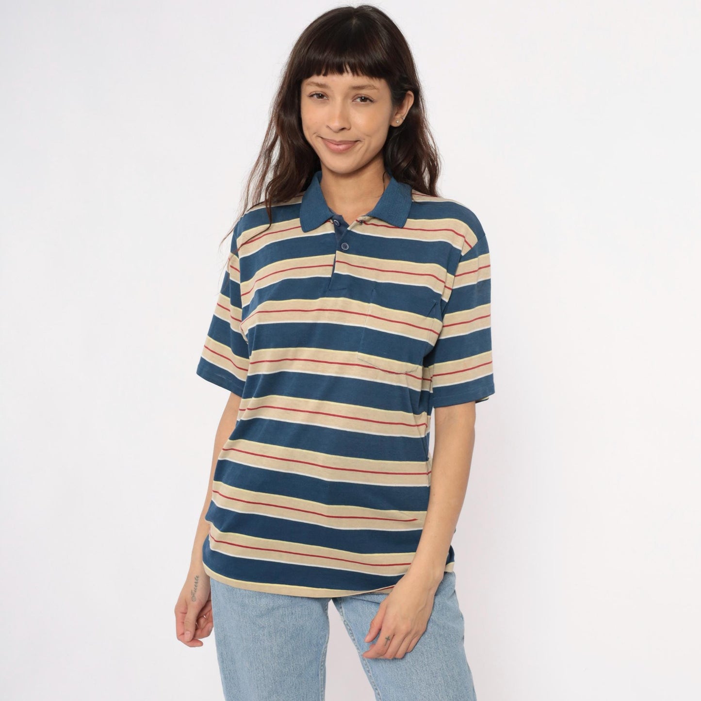 80s Striped Polo Shirt Navy Cream Red Horizontal Stripes Unisex Large