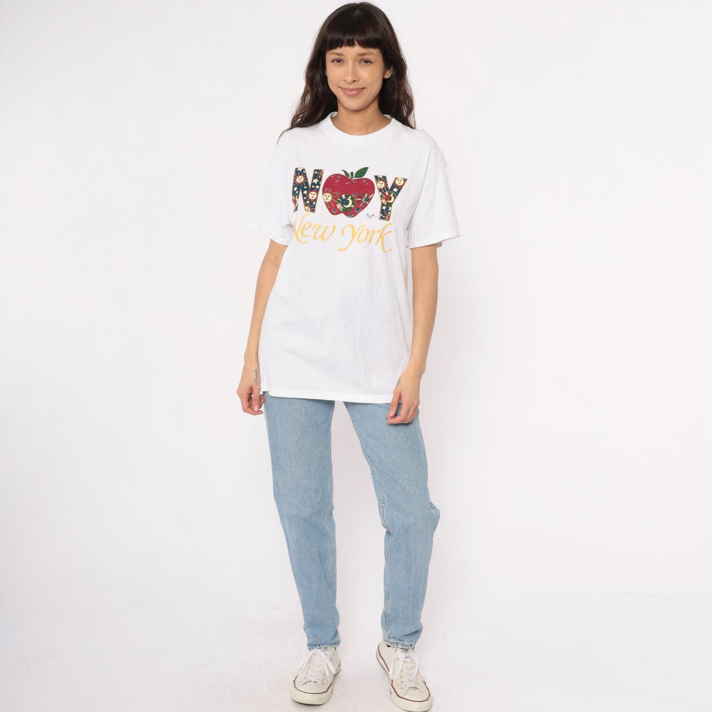 90s New York Celestial Graphic T-Shirt White Cotton Medium M