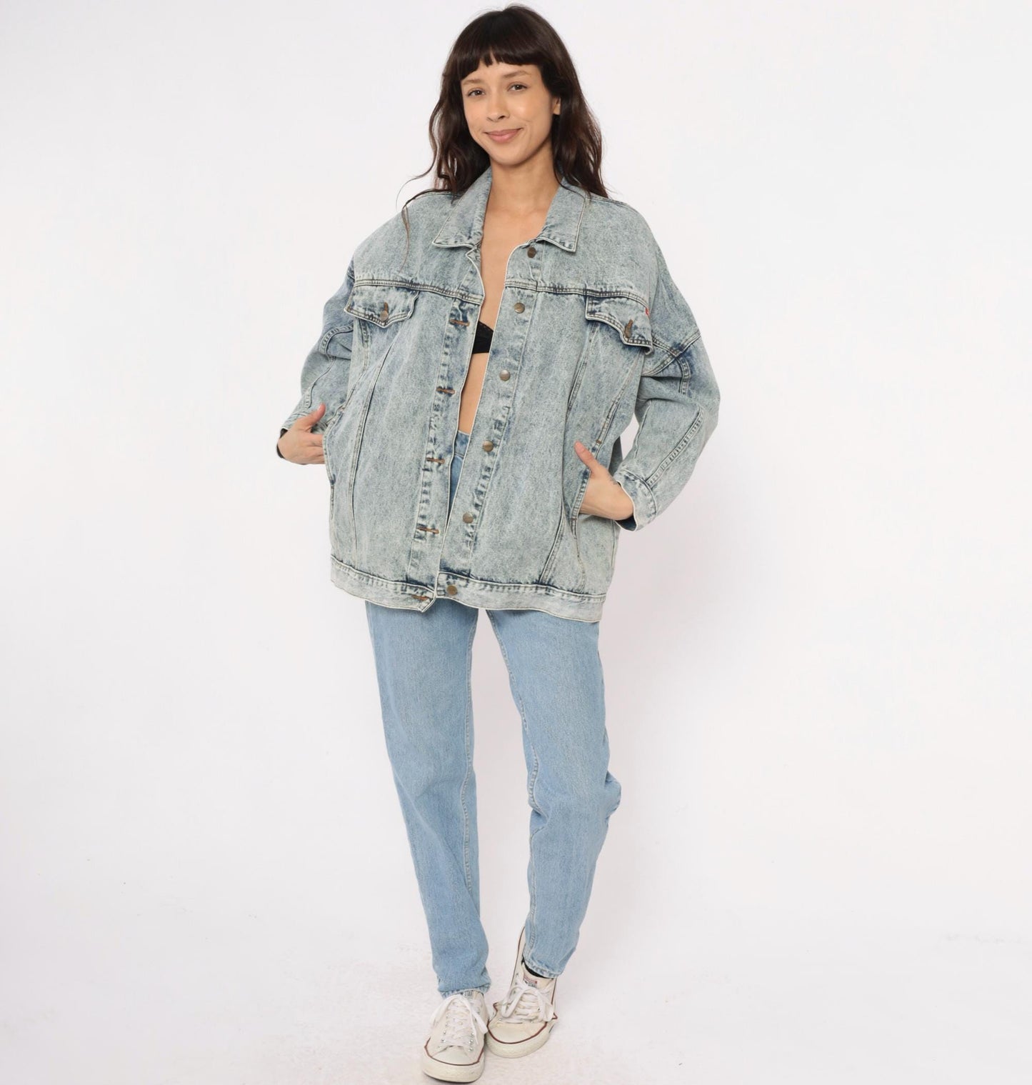 90s Bacini Acid Wash Denim Jacket Light Blue Button Front Small