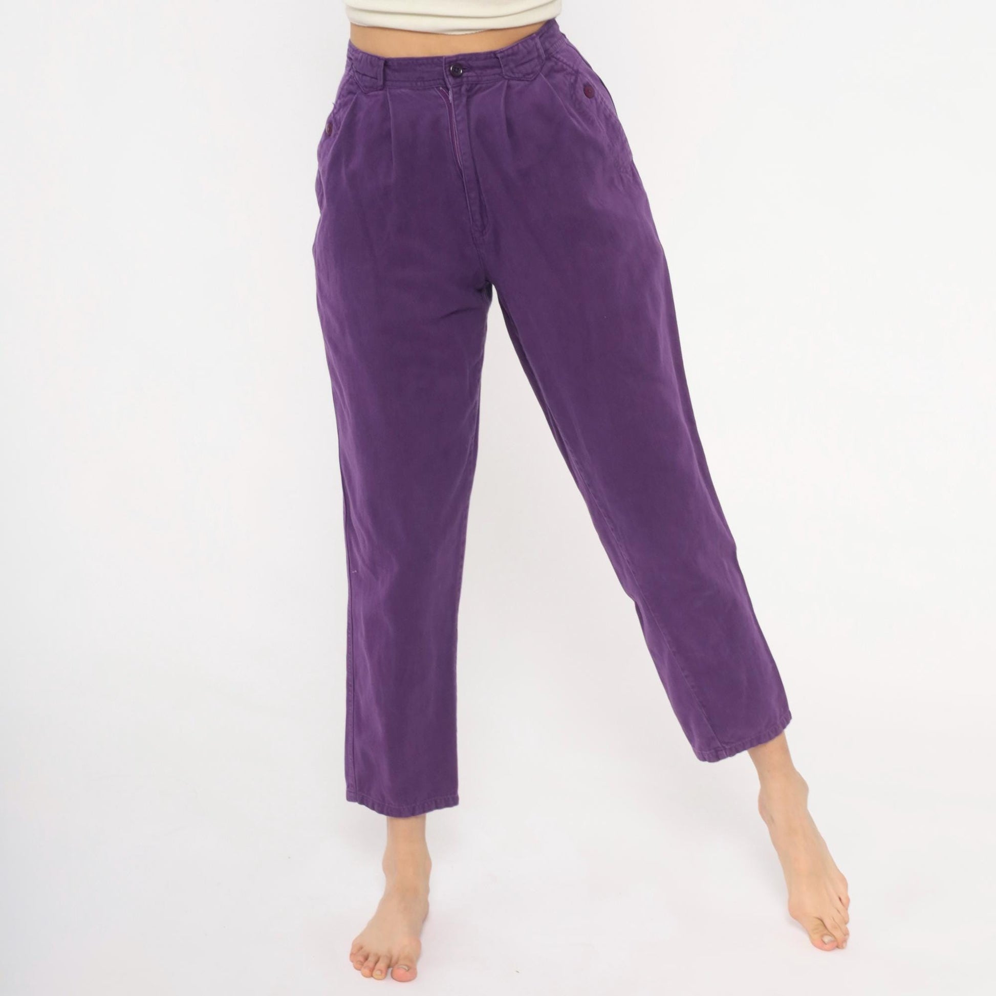 90s Sierra Purple Pleated High-Waisted Trousers Cotton Tapered Ankle XS