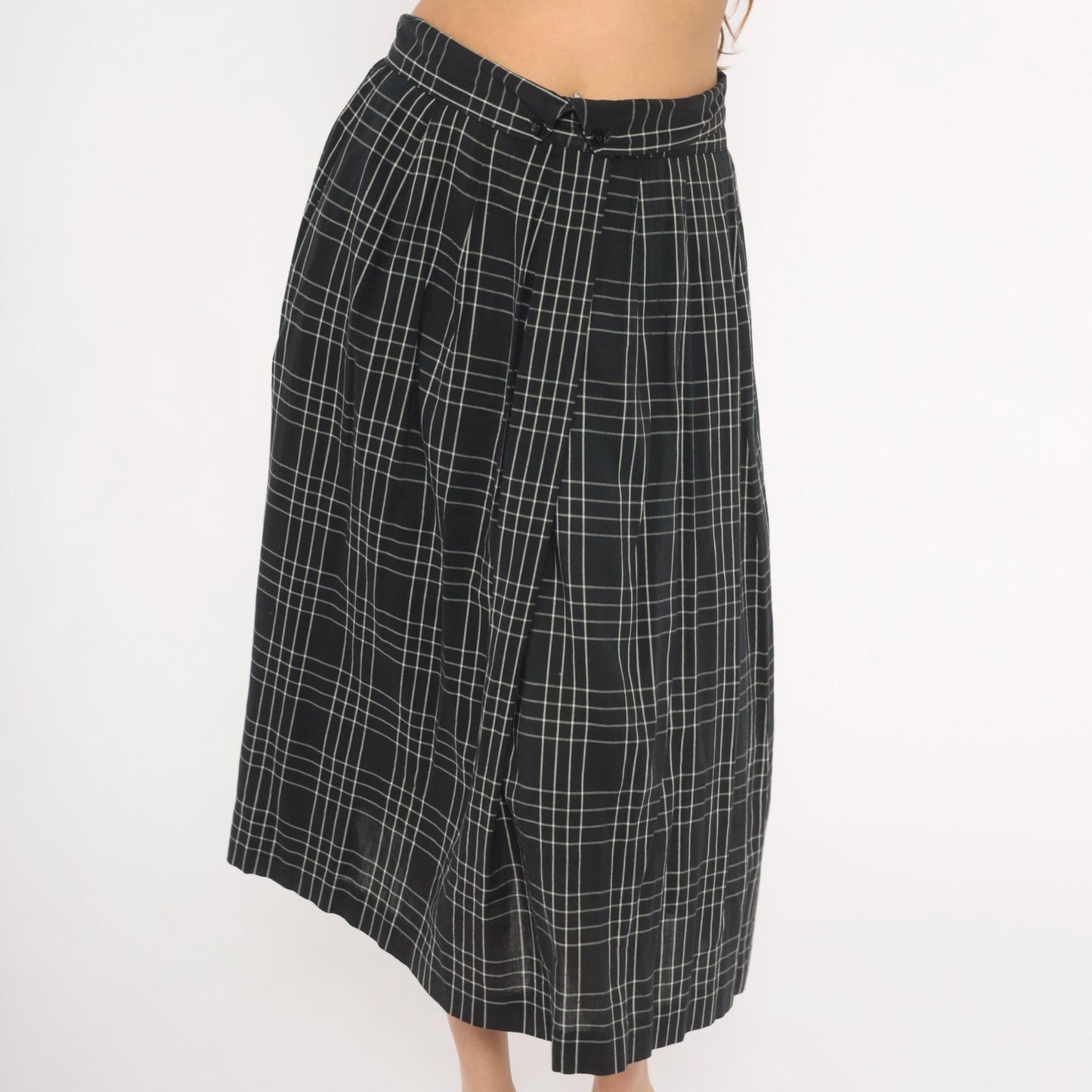 80s Heron Cove Casuals Windowpane Plaid Midi Skirt Black White Pleated Large L