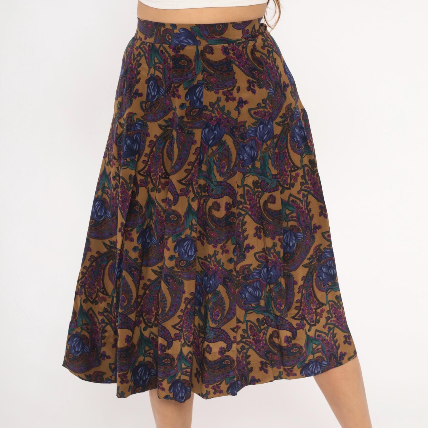 80s Saks Fifth Avenue Paisley Silk Skirt Knee-Length Pleated High Waist Small S