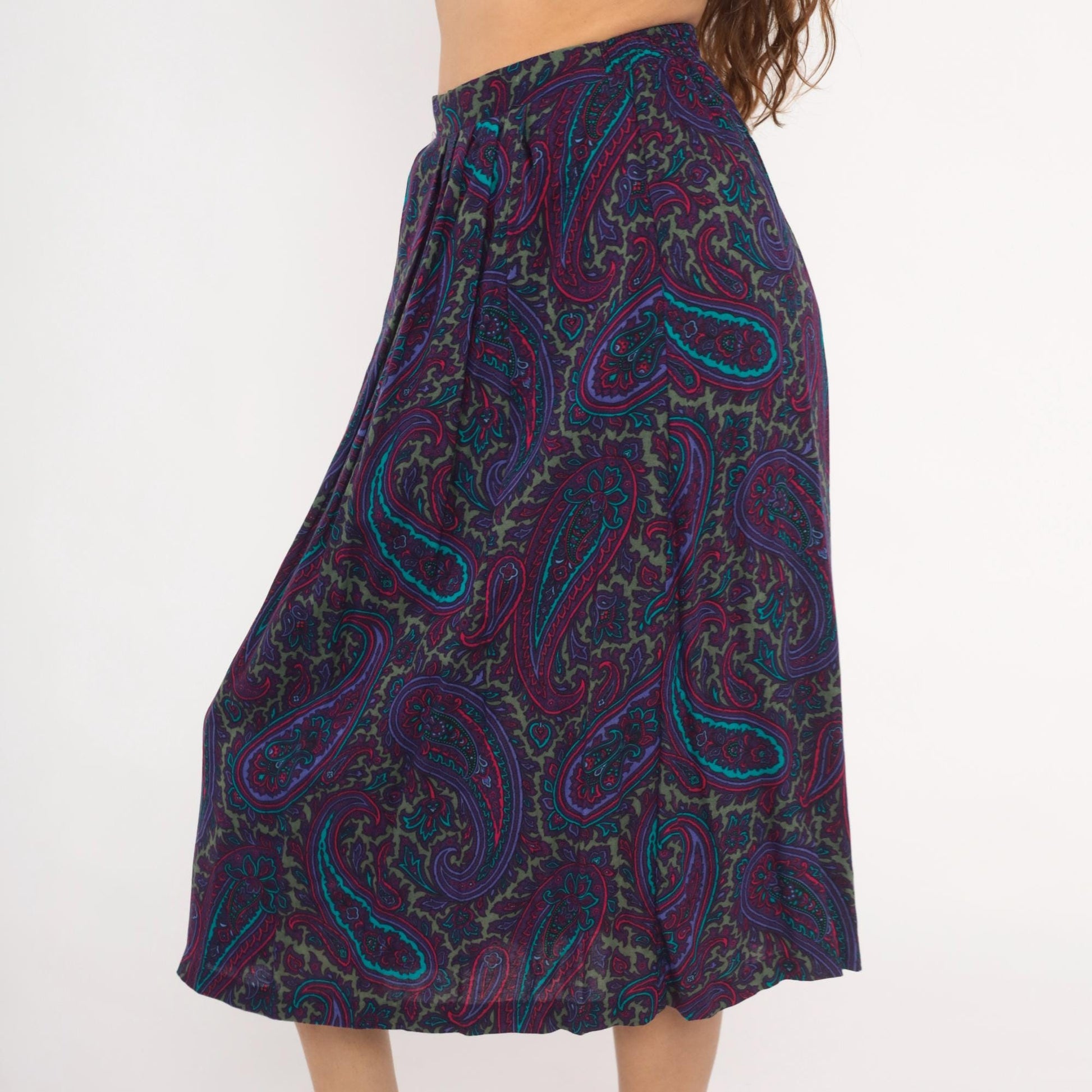 80s Paisley Midi Skirt Purple Teal A-Line Gathered Waist Small Medium