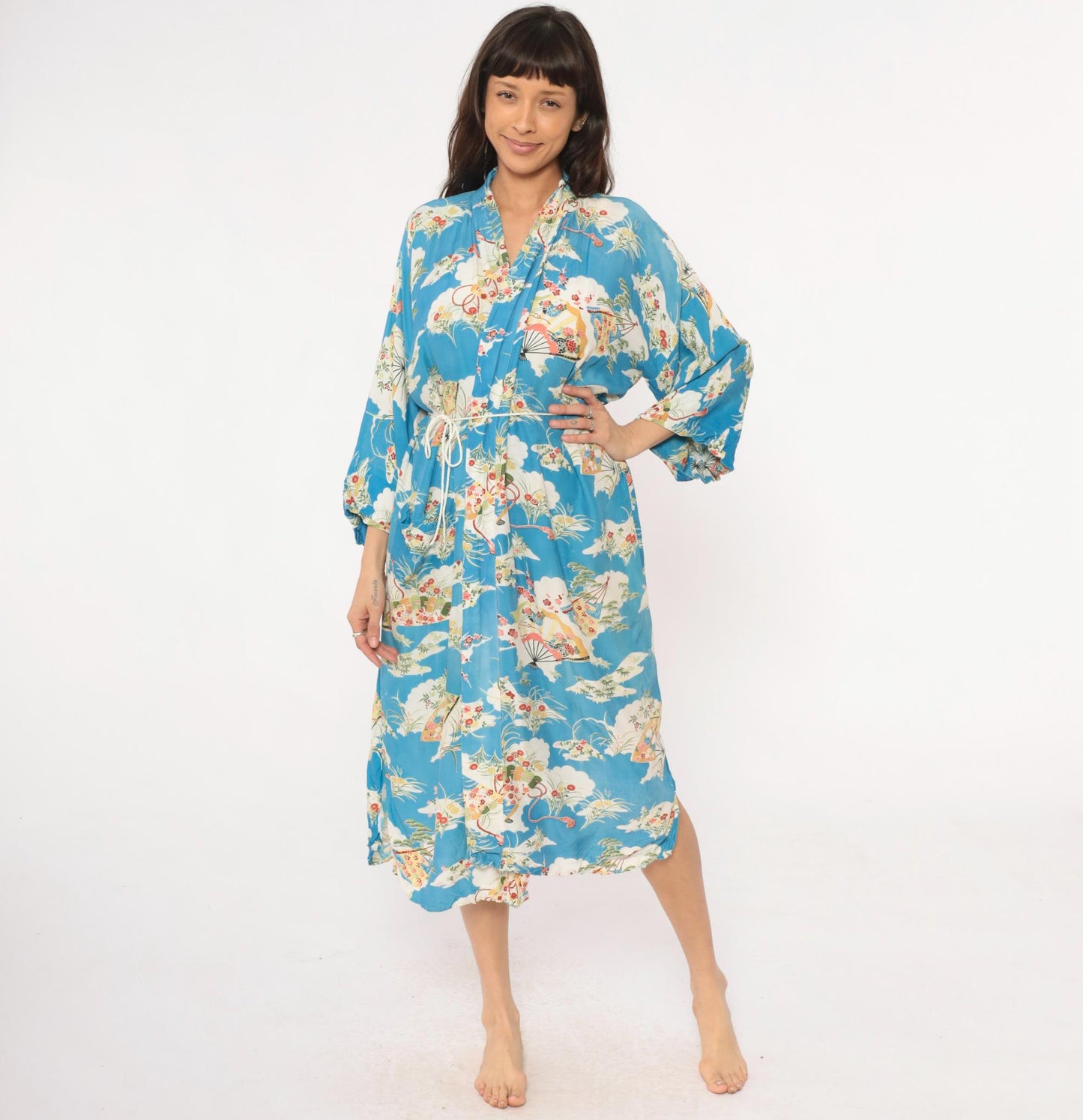 80s Japanese Fan Kimono Robe Blue Floral Maxi Cotton Wrap Large L
