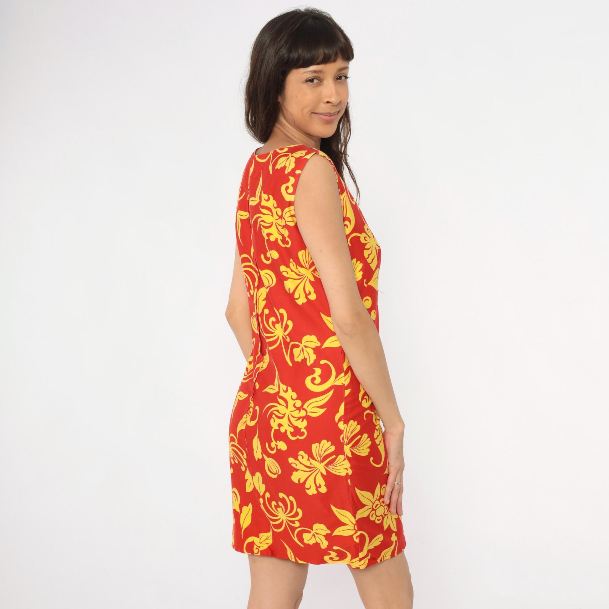 90s Red Floral Shift Dress Yellow Botanical Print Mini Small S