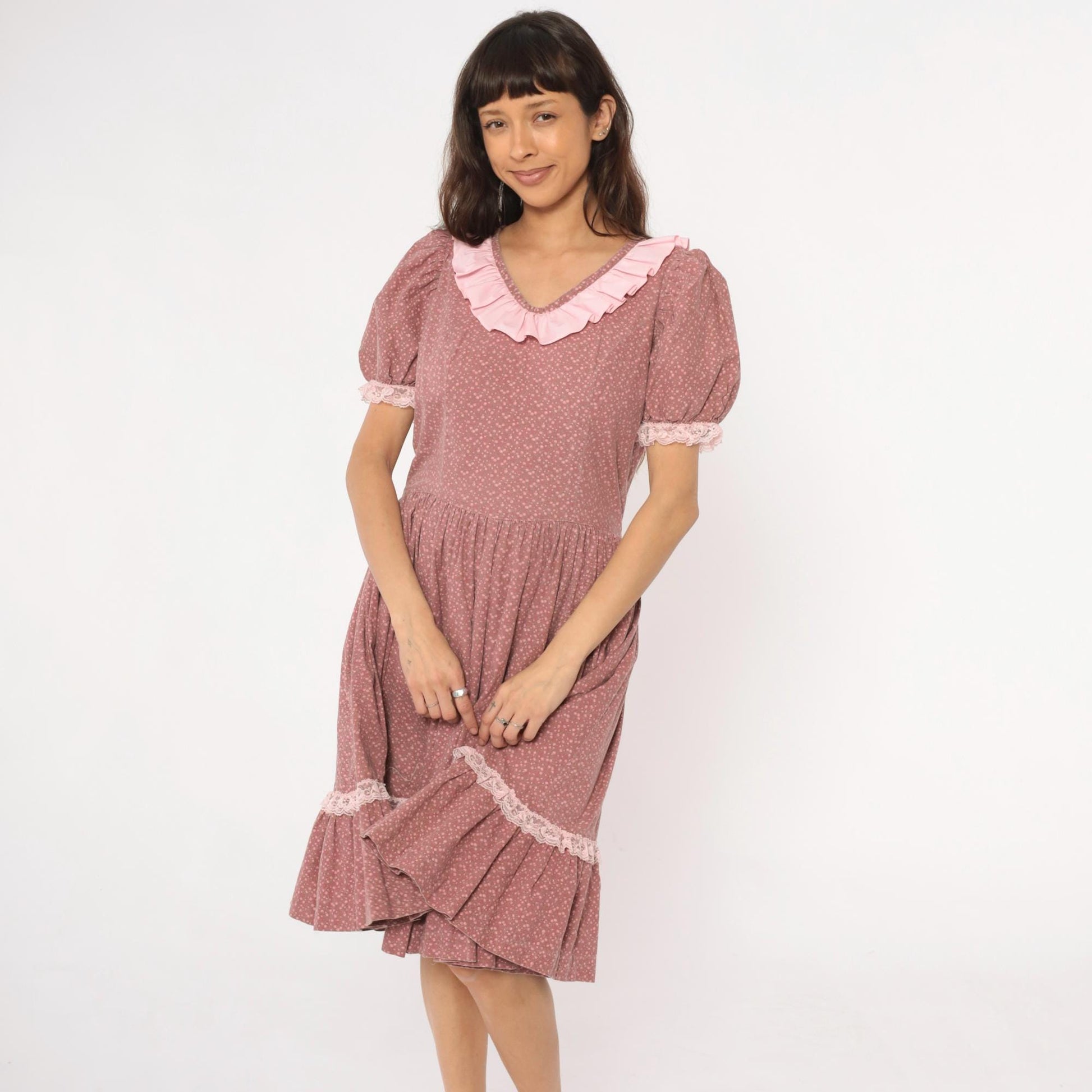 70s Prairie Dress Floral Dusty Rose Puff Sleeve Ruffle Collar Lace Trim Large L